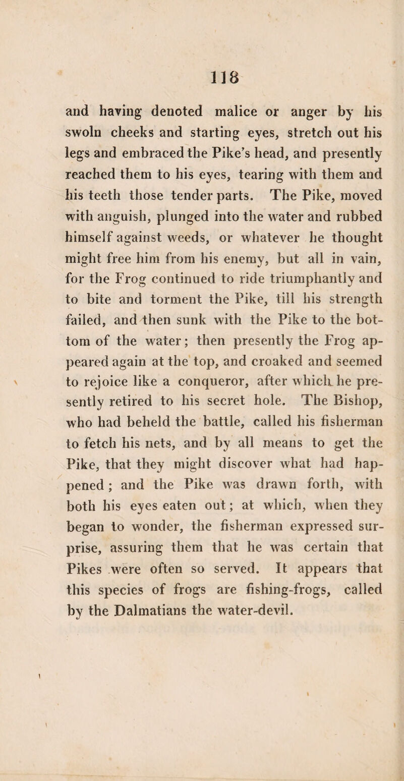 and having denoted malice or anger by his swoln cheeks and starting eyes, stretch out his legs and embraced the Pike’s head, and presently reached them to his eyes, tearing with them and his teeth those tender parts. The Pike, moved with anguish, plunged into the water and rubbed himself against weeds, or whatever he thought might free him from his enemy, but all in vain, for the Frog continued to ride triumphantly and to bite and torment the Pike, till his strength failed, and then sunk with the Pike to the bot¬ tom of the water; then presently the Frog ap¬ peared again at the top, and croaked and seemed to rejoice like a conqueror, after which, he pre¬ sently retired to his secret hole. The Bishop, who had beheld the battle, called his fisherman to fetch his nets, and by all means to get the Pike, that they might discover what had hap¬ pened ; and the Pike was drawn forth, with both his eyes eaten out; at which, when they began to wonder, the fisherman expressed sur¬ prise, assuring them that he was certain that Pikes were often so served. It appears that this species of frogs are fishing-frogs, called by the Dalmatians the water-devil.