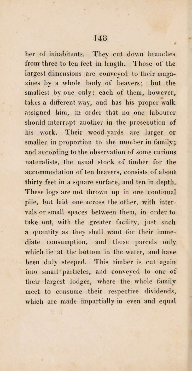 9 her of inhabitants. They cut down branches fro nr three to ten feet in length. Those of the largest dimensions are conveyed to their maga¬ zines by a whole body of beavers; but the smallest by one only: each of them, however, takes a different way, and has his proper walk assigned him, in order that no one labourer should interrupt another in the prosecution of his work. Their wood-yards are larger or smaller in proportion to the number in family; and according to the observation of some curious naturalists, the usual stock of timber for the accommodation often beavers, consists of about thirty feet in a square surface, and ten in depth. These logs are not thrown up in one continual pile, but laid one across the other, with inter¬ vals or small spaces between them, in order to take out, with the greater facility, just such a quantity as they shall want for their imme¬ diate consumption, and those parcels only which lie at the bottom in the water, and have been duly steeped. This timber is cut again into small particles, and conveyed to one of their largest lodges, where the whole family meet to consume their respective dividends, which are made impartially in even and equal