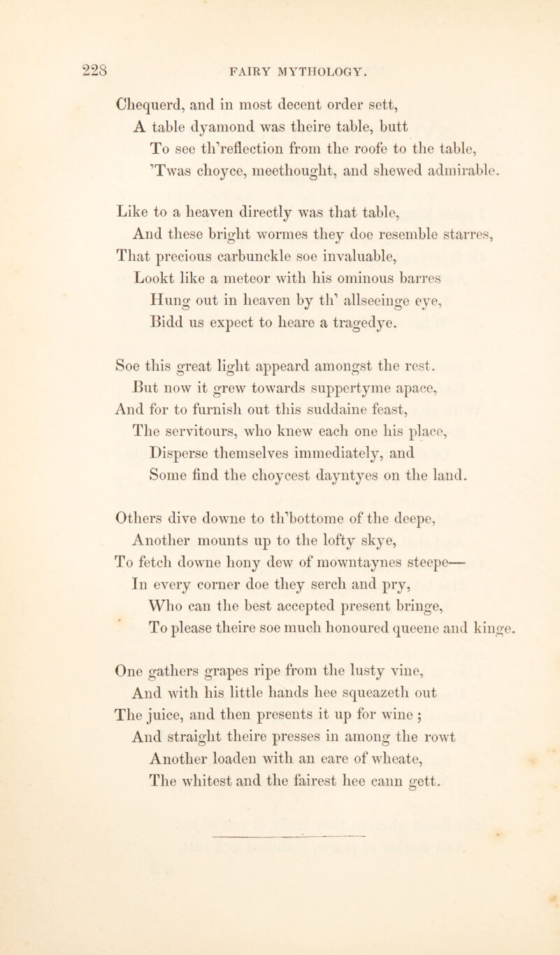 Chequerd, and in most decent order sett, A table dyamond was theire table, butt To see ^reflection from the roofe to the table, Twas choyce, meethought, and shewed admirable. Like to a heaven directly was that table, And these bright wormes they doe resemble starres, That precious carbunckle soe invaluable, Lookt like a meteor with his ominous barres Hung out in heaven by tlf allseeinge eye, Bidd us expect to heare a tragedye. Soe this great light appeard amongst the rest. But now it grew towards suppertyme apace, And for to furnish out this suddaine feast, The servitours, who knew each one his place, Disperse themselves immediately, and Some find the choycest dayntyes on the land. Others dive downe to tlTbottome of the deepe, Another mounts up to the lofty skye, To fetch downe hony dew of mowntaynes steepe—- In every corner doe they sercli and pry, Who can the best accepted present bringe, To please theire soe much honoured queene and kinge. One gathers grapes ripe from the lusty vine, And with his little hands hee squeazeth out The juice, and then presents it up for wine ; And straight theire presses in among the rowt Another loaden with an eare of wheate, The whitest and the fairest hee cann gett.