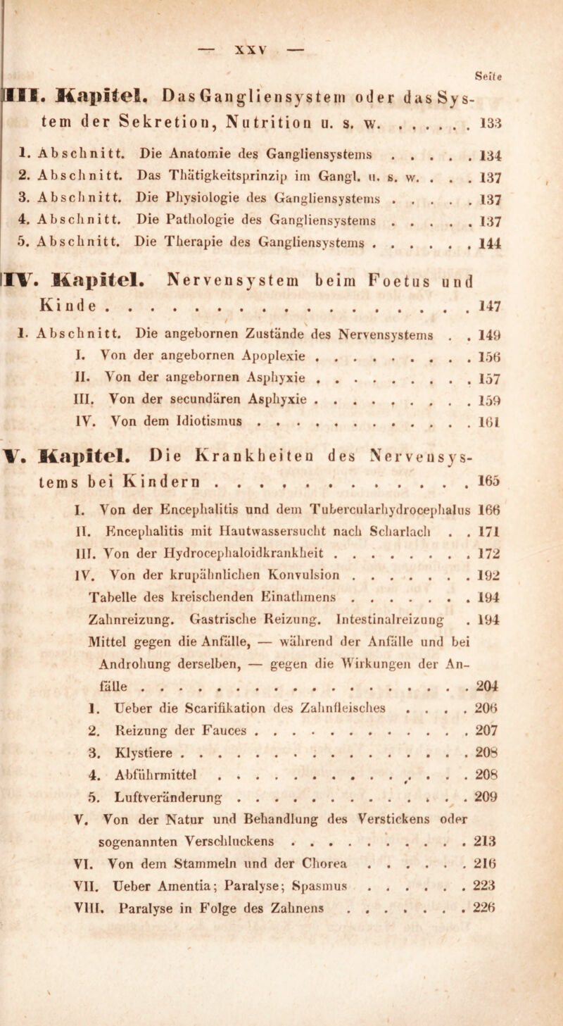 Seile III. Kapitel. Das Gangliensystem oder dasSys- tem der Sekretion, Nutrition u. s. w 133 1. Abschnitt. Die Anatomie des Gangliensystems 134 2. Abschnitt. Das Thätigkeitsprinzip im Gangl. u. s. w. . . . 137 3. Abschnitt. Die Physiologie des Gangliensystems 137 4. Abschnitt. Die Pathologie des Gangliensystems 137 5. Abschnitt. Die Therapie des Gangliensystems 144 UV. Kapitel. Nervensystem beim Foetus und Kinde 147 1. Abschnitt. Die angebornen Zustände des Nervensystems . . 149 I. Von der angebornen Apoplexie 156 II. Von der angebornen Asphyxie 157 III. Von der secundären Asphyxie ......... 159 IV. Von dem Idiotismus 101 W Kapitel. Die Krankheiten des N e r v e u s y s- tems bei Kindern 165 I. Von der Encephalitis und dem Tubercularhydrocephalus 160 II. Encephalitis mit Hautwassersucht nach Scharlach . .171 III. Von der Hydrocephaloidkrankheit 172 IV. Von der krupälinlichen Konvulsion 192 Tabelle des kreischenden Einathmens 194 Zahnreizung. Gastrische Reizung. Intestinalreizung . 194 Mittel gegen die Anfälle, — während der Anfälle und bei Androhung derselben, — gegen die Wirkungen der An- fälle 204 1. lieber die Scarifikation des Zahnfleisches .... 200 2. Reizung der Fauces 207 3. Klystiere 208 4. Abführmittel . . . 208 5. Luftveränderung 209 V. Von der Natur und Behandlung des Verstickens oder sogenannten Verschluckens 213 VI. Von dem Stammeln und der Chorea 210 VII. Ueber Amentia; Paralyse; Spasmus 223 VIII. Paralyse in E'olge des Zahnens 220