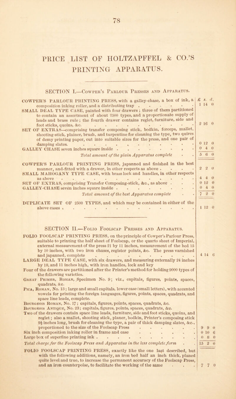 PRICE LIST OF HOLTZAPFEEL & CO.’S PRINTING APPARATUS. SECTION I.—Cowper’s Parlour Presses and Apparatus. COWPER’S PARLOUR PRINTING PRESS, with a galley-chase, a box of ink, a composition inking roller, and a distributing tray SMALL DEAL TYPE CASE, painted with four drawers ; three of them partitioned to contain an assortment of about 2500 types, and a proportionate supply of leads and brass rule ; the fourth drawer contains reglet, furniture, side and foot sticks, quoins, Ac. SET OF EXTRAS—comi)rising transfer composing stick, bodkin, forceps, mallet, shooting-stick, plainer, brush, and turpentine for cleaning the type, two quires of demy printing paper, cut into suitable sizes for the press, and one pair of damping slates. GALLEY CHASE seven inches square inside .. Total amount of the plain Apparatus complete COWPER’S PARLOUR PRINTING PRESS, japanned and finished in the best manner, and.fitted with a drawer, in other respects as above . . . • SMALL MAHOGANY TYPE CASE, with brass lock and handles, in other respects as above ............. SET OF EXTRAS, comprising Transfer Composing-stick, &c., as above • GALLEY-CHASE seven inches square inside ........ Total amount of the best Apparatus complete DUPLICATE SET OF 2500 TY’^PES, and which may be contained in either of the above cases ............. SECTION II.—Folio Foolscap Presses and Apparatus. FOLIO FOOLSCAP PRINTING PRESS, on the principle of Cowper’s Parlour Press, suitable to printing the half sheet of Foolscap, or the quarto sheet of Imperial, external measurement of the press 21 by 11 inches, measurement of the bed 15 by 10 inches, with two iron chases, register points, &c. The press varnished and japanned, complete . ......... LARGE DEAL TYPE CASE, with six drawers, and measuring externally 24 inches by 18, and 11 inches high, with iron handles, lock and key Four of the drawers are partitioned after the Printer’s method for holding 9000 types of the following varieties. Great Primer, Roman, Specimen No. 9; viz., capitals, figures, points, spaces, quadrats, &c. Pica, Roman, No. 13; large and small capitals, lowercase (small letters), with accented vowels for printing the foreign languages, figures, points, spaces, quadrats, and space line leads, complete. Bourgeois Roman, No. 17; capitals, figures, points, spaces, quadrats, &c. Bourgeois Antique, No, 23; capitals, figures, points, spaces, quadrats, &c. Two of the drawers contain space line leads, furniture, side and foot sticks, quoins, and reglet; also a mallet, shooting stick, planer, bodkin, Printer’s composing stick 9^ inches long, brush for cleaning the type, a pair of thick damping slates, &c., proportioned to the size of the Foolscap Press ...... Six inch composition inking roller in frame and case ...... Large box of superfine printing ink .......... Total charge for the Foolscap Press and Apparatus in the less complete form FOLIO FOOLSCAP PRINTING PRESS, exactly like the one last described, but with the following additions, namely, an iron bed half an inch thick, planed quite level and true, to increase the permanent accuracy of the Foolscap Press, and an iron counterpoise, to facilitate the working of the same £ s. d. 1 14 0 2 16 0 0 12 0 0 4 0 5 6 0 2 2 0 4 4 0 0 12 0 0 4 0 7 2 0 1 12 0 4 14 6 9 9 0 0 10 6 0 8 0 15 2 0 7 7 0