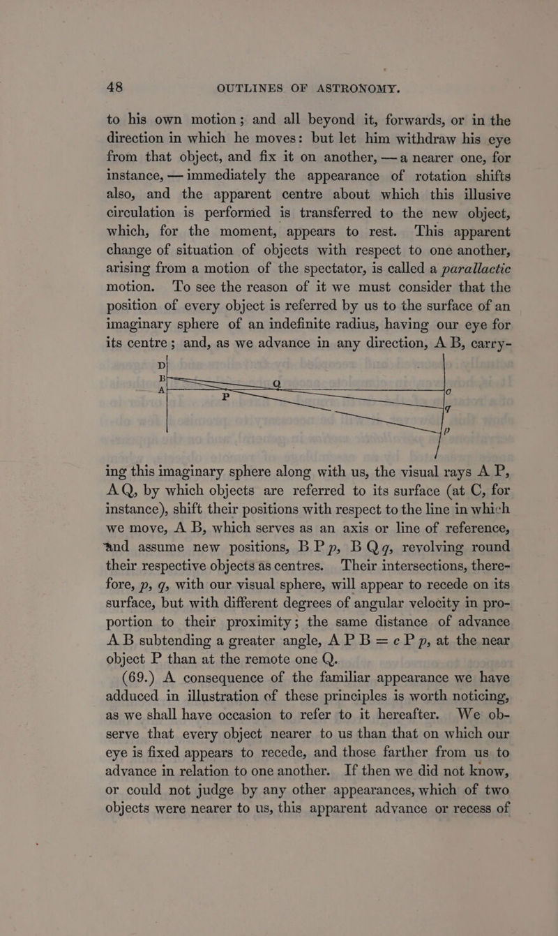 to his own motion; and all beyond it, forwards, or in the direction in which he moves: but let him withdraw his eye from that object, and fix it on another, —a nearer one, for instance, — immediately the appearance of rotation shifts also, and the apparent centre about which this illusive circulation is performed is transferred to the new object, which, for the moment, appears to rest. This apparent change of situation of objects with respect to one another, arising from a motion of the spectator, is called a parallactic motion. To see the reason of it we must consider that the position of every object is referred by us to the surface of an imaginary sphere of an indefinite radius, having our eye for its centre ; and, as we advance in any direction, A B, carry- ing this imaginary sphere along with us, the visual rays A P, AQ, by which objects are referred to its surface (at C, for instance), shift their positions with respect to the line in which we move, A B, which serves as an axis or line of reference, ‘and assume new positions, B Pp, BQg, revolving round their respective objects as centres. Their intersections, there- fore, p, g, with our visual sphere, will appear to recede on its surface, but with different degrees of angular velocity in pro- portion to their proximity; the same distance of advance A.B subtending a greater angle, AP B =cP p, at the near object P than at the remote one Q. (69.) A consequence of the familiar appearance we have adduced in illustration of these principles is worth noticing, as we shall have occasion to refer to it hereafter. We ob- serve that every object nearer to us than that on which our eye is fixed appears to recede, and those farther from us to advance in relation to one another. If then we did not know, or could not judge by any other appearances, which of two objects were nearer to us, this apparent advance or recess of