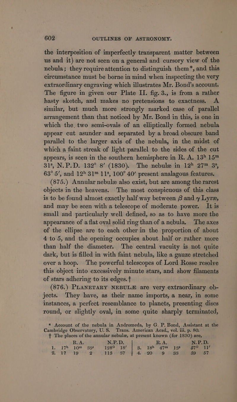 the interposition of imperfectly transparent matter between us and it) are not seen on a general and cursory view of the nebula; they require attention to distinguish them™*, and this circumstance must be borne in mind when inspecting the very extraordinary engraving which illustrates Mr. Bond’s account. The figure in given our Plate II. fig. 3., is from a rather hasty sketch, and makes no pretensions to exactness. A similar, but much more strongly marked case of parallel arrangement than that noticed by Mr. Bond in this, is one in which the. two semi-ovais of an elliptically formed nebula appear cut asunder and separated by a broad obscure band parallel to the larger axis of the nebula, in the midst of which a faint streak of light parallel to the sides of the cut appears, is seen in the southern hemisphere in R. A. 13 15™ 318, N.P.D. 132° 8’ (1830). The nebule in 12? 27™ 3%, 63° 5’, and 125 31™ 115, 100° 40’ present analagous features. (875.) Annular nebule also exist, but are among the rarest objects in the heavens. The most conspicuous of this class is to be found almost exactly half way between @ and vy Lyra, and may be seen with a telescope of moderate power. It is small and particularly well defined, so as to have more the appearance of a flat oval solid ring than of a nebula. The axes of the ellipse are to each other in the proportion of about 4 to 5, and the opening occupies about half or rather more than half the diameter. The central vacuity is not quite dark, but is filled in with faint nebula, like a gauze stretched over a hoop. The powerful telescopes of Lord Rosse resolve this object into excessively minute stars, and show filaments of stars adhering to its edges. ¢ (876.) PLANETARY NEBULZ are very extraordinary ob- jects. ‘They have, as their name imports, a near, in some instances, a perfect resemblance to planets, presenting discs round, or slightly oval, in some quite sharply terminated, * Account of the nebula in Andromeda, by G, P. Bond, Assistant at the Cambridge Observatory, U.S. Trans. American Acad., vol. iii. p. 80. { The places of the annular nebule, at present known (for 1830) are, Roads NiP; DP: Re A. N.P.D. L 17) 190 so 128°. 18! 3. 18h 47m 138 B7° “11 ae AG 2 118 «87 4. 20 9 33 59 57