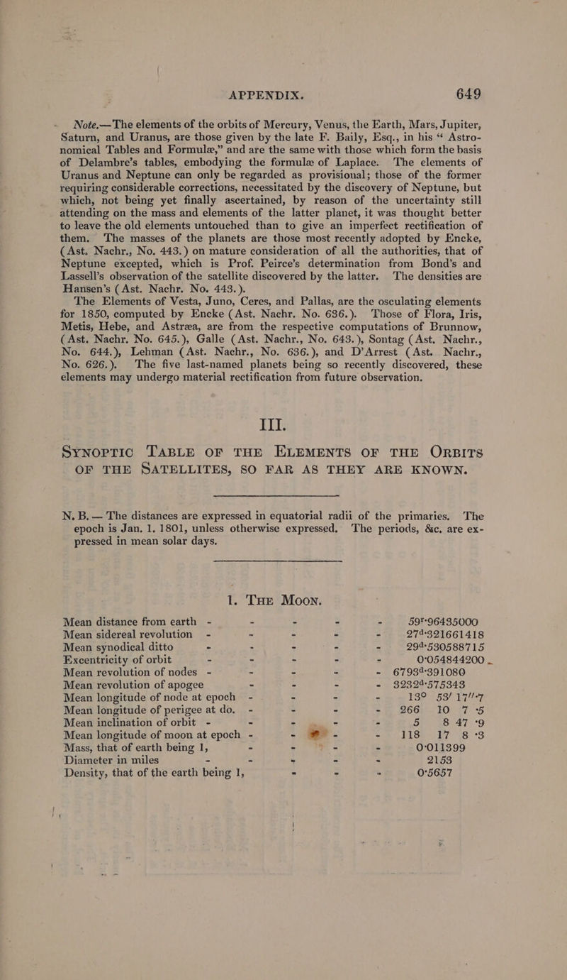Note.—The elements of the orbits of Mercury, Venus, the Earth, Mars, Jupiter, Saturn, and Uranus, are those given by the late F. Baily, Esq., in his “ Astro- nomical Tables and Formule,” and are the same with those which form the basis of Delambre’s tables, embodying the formule of Laplace. The elements of Uranus and Neptune can only be regarded as provisional; those of the former requiring considerable corrections, necessitated by the discovery of Neptune, but which, not being yet finally ascertained, by reason of the uncertainty still attending on the mass and elements of the latter planet, it was thought better to leave the old elements untouched than to give an imperfect rectification of them. The masses of the planets are those most recently adopted by Encke, (Ast. Nachr., No. 443.) on mature consideration of all the authorities, that of Neptune excepted, which is Prof. Peirce’s determination from Bond’s and Lassell’s observation of the satellite discovered by the latter. The densities are Hansen’s (Ast. Nachr. No. 443.). The Elements of Vesta, Juno, Ceres, and Pallas, are the osculating elements for 1850, computed by Encke (Ast. Nachr. No. 636.). Those of Flora, Iris, Metis, Hebe, and Astrza, are from the respective computations of Brunnow, (Ast. Nachr. No. 645.), Galle (Ast. Nachr., No. 643.), Sontag (Ast. Nachr., No. 644.), Lehman (Ast. Nachr., No. 636.), and D’Arrest (Ast. Nachr., No. 626.). The five last-named planets being so recently discovered, these elements may undergo material rectification from future observation. ITI. Synoptic TABLE OF THE ELEMENTS OF THE ORBITS OF THE SATELLITES, SO FAR AS THEY ARE KNOWN. N. B. — The distances are expressed in equatorial radii of the primaries. The epoch is Jan. 1. 1801, unless otherwise expressed. The periods, &amp;c, are ex- pressed in mean solar days. 1. THe Moon. Mean distance from earth - - - - - 5996435000 Mean sidereal revolution - S - - - 271321661418 Mean synodical ditto - - - 1s - 299530588715 Excentricity of orbit - - - - - 0°054844200 _ Mean revolution of nodes - - . - - 67934391080 Mean revolution of apogee - > - - 32329575343 Mean longitude of node at epoch - - - - 13°. 539 17! 7 Mean longitude of perigee at do. - - - = t 266), 10°97 35 Mean inclination of orbit - - =) ie = - 5 8 47 9 Mean longitude of moon at epoch - - * - =) t18e0 ET (8 *3 Mass, that of earth being 1, - - Yo = 0':011399 Diameter in miles - - - - - 2153 Density, that of the earth being 1, . - . 0°5657