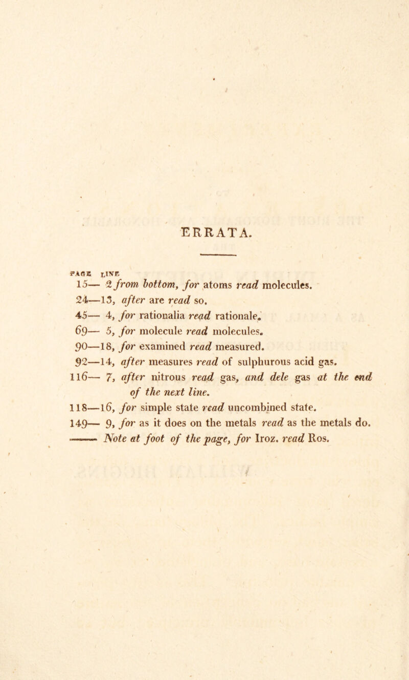 ERRATA. PAGffi iWC 15— 2 from bottom, /or atoms reofi? molecules. 24—15, after are read so. 45— 4, for rationalia read rationale. 69— 5, for molecule read molecules. 90—18, for examined read measured. 92—14, after measures read of sulphurous acid gas. Il6— 7> after nitrous read gas, and dele gas at the end of the next line. 118—id, for simple state read uncombined state. 149— 9, for as it does on the metals read as the metals do. — Note at foot of the page, for Iroz. read Ros.