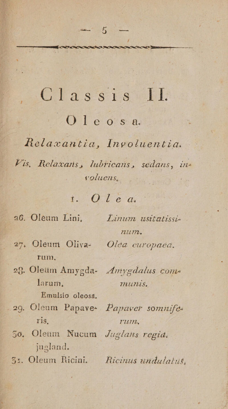 Ole Relaxantia, O S &B. Inpoiuentza. i2 € 236. Oleum Lini, 27, Oleum Oliva- Tum, 20. Oleüm Amygda- larum, Emulsio oleosa. ris, 20. Oleüm Nucum jugland. 21. Oleum hHicini. lea; Linum usttatissi- num. Olea europaéa. mygdalus coms ZAUNS. Papaver sommnife- IlIUUH T; uglans regid, Ricinus undulaiuis,