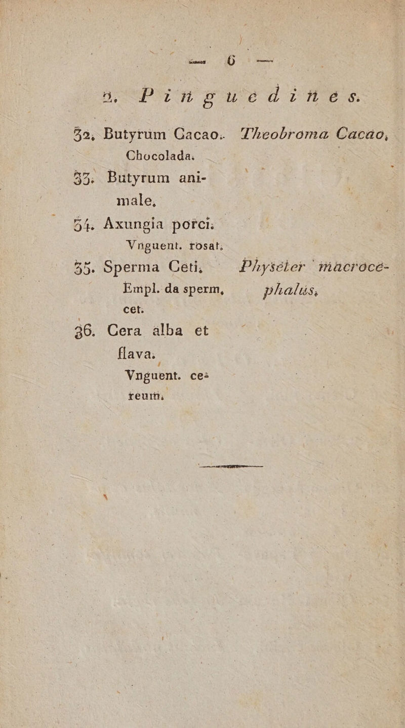 ] Chocolada. Butyrum ani- male, Axungia porci. Vnguent. rosat. Sperma Ceti; Empl. da sperm, cet. Cera alba et flava. Vnguent. ce: reum, 'IUheobroma Cacao, A Physéler Hiücroócé- phaluüs,