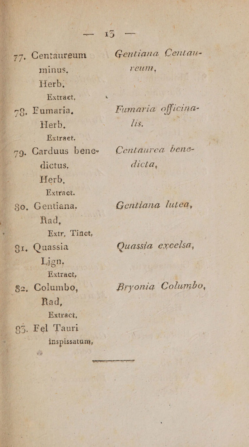 /7. Centaureum minus, i; Herb; | Extraet, Fumaria, Herb, Extraet. | Carduus bene- J dictus, Herb. E Extract. — 8o, Gentiana, B UAmS | Extr, Tinct. E Quassia | $ ET LUDgn D. Extract, | | 82. Columbo, Bad, Extract, * T3 Fe Tauri inspissatum, | * CL Cs Lue RE SERE. e L^ a 3 j P4 — Ee reum, 1 Fumaria officina- lis. Centaurea bene- dicta, (Gentiana lutea, Quassta excelsa,  ryonia Columbo,