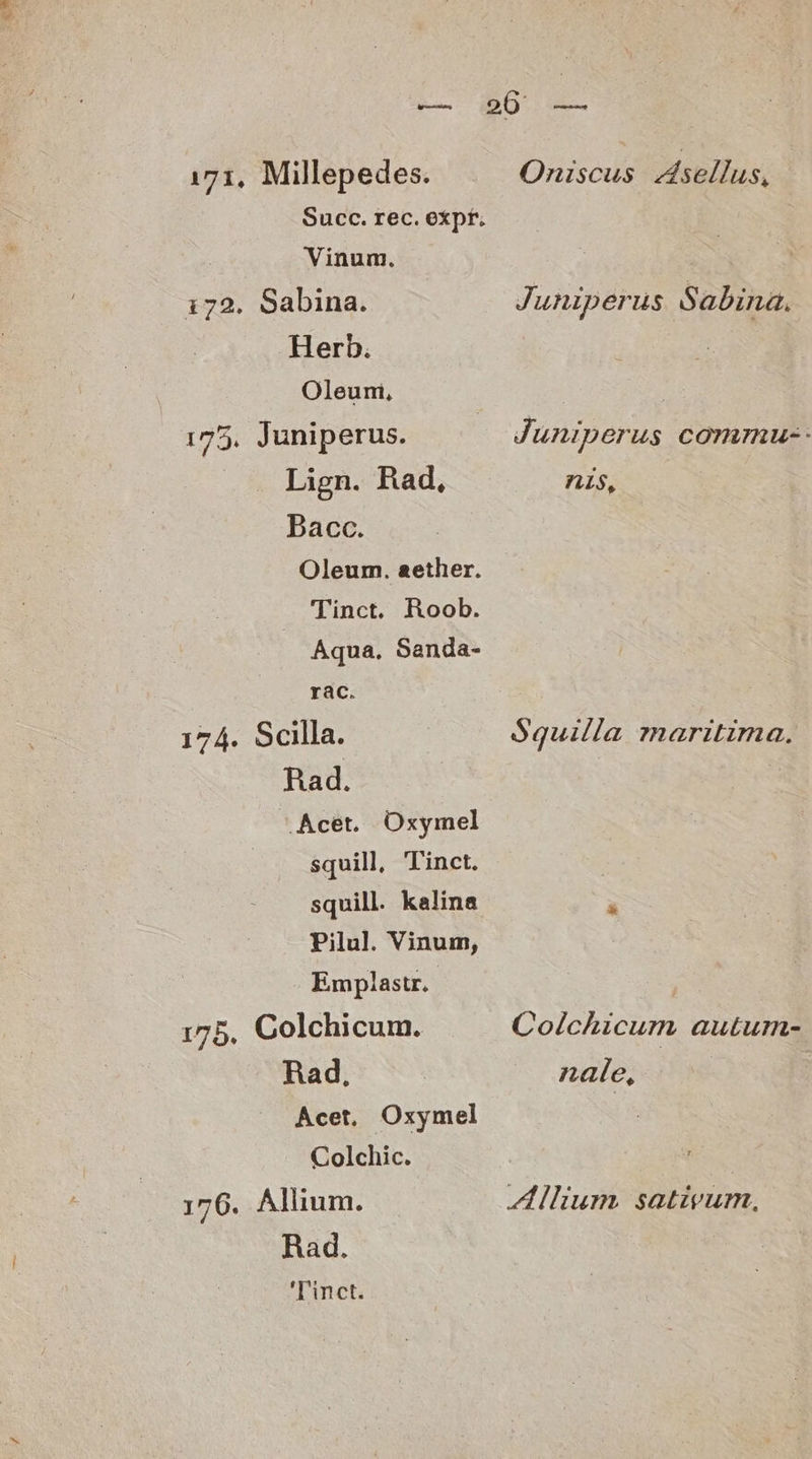 171, Millepedes. Oniscus sellus, Succ. rec. expr. Vinum. 172. Sabina. Juniperus Sabina, Herb. Oleuni, 175, Juniperus. Juniperus commu-- Lign. Rad, nis, Bacc. Oleum. aether. Tinct. Roob. Aqua. Sanda- rac. 174. Scilla. Squilla maritima. Rad. .Acet. Oxymel squill, Tinct. squill. kalina x Pilul. Vinum, Emplast. 175, Colchicum. Colchicum autum- Rad, nale, Acet. Oxymel Dx Colchic. 176. Allium. Alum sativum, Rad.
