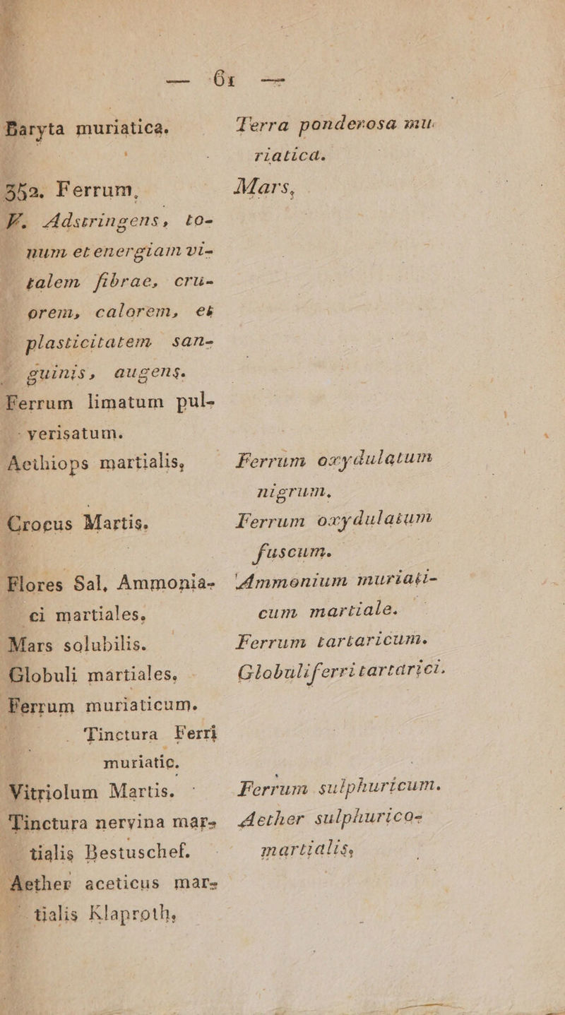 hi Baryta muriatica. 8a. Ferrum, F. Adsrringens, M pum etenergtaim vi- Lo- — talem fibrae, cru- orem, calorem, ek y plasticitatem san- : | : d guinis, augens. Ferrum limatum pul- —- yerisatum. Aeihiops martialis, Crocus Martis. Flores Sal, Ammonia- — €i martiales, Mars solubilis. Globuli martiales, Ferrum muriaticum. . Tinctura. Ferri muriatic, OM Martis. pfinctura neryina mars . tialis Bestuschef. Acte aceticus mare — tialis Klaproth, —— Terra ponderosa mu riaticd. Mars, Ferrum oxydulgqtum nigrum. Ferrum oxydulaium fuscum. | | Ammonium iuriait- cum martiale. ' Ferrum tartaricum. Globul iferri tartarict. Ferrum sulphuricum. Aether. sulphurico- martialis,