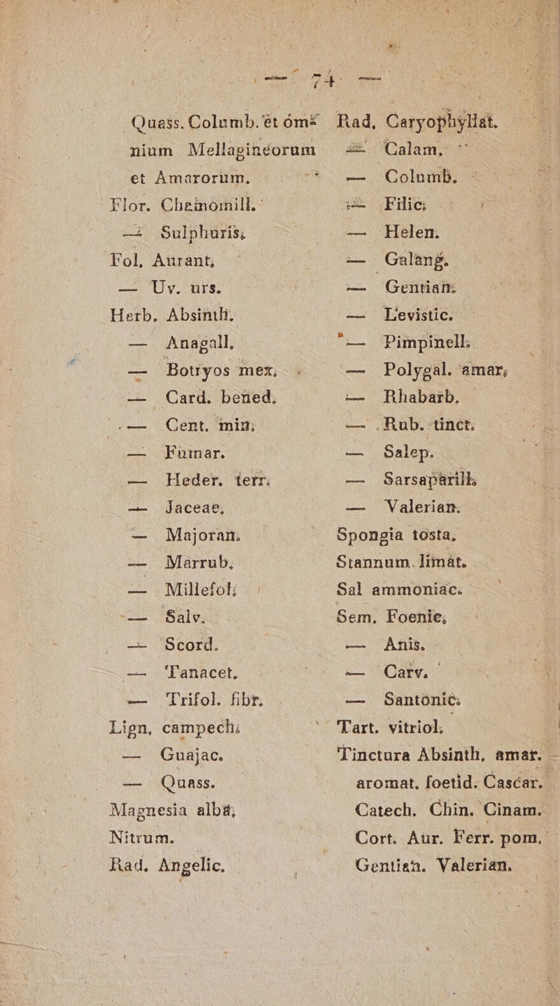 et Amaroriüm. Flor. Cheiomnill.- — Sulphuris, Fol, Aurant, — Uv. urs. Meth. Absinili, — Anagall. — Botryos mex, — Card. bened, .— Gent. iniit — Fumar. — Heder. terr. — jaceae, — Majoran. -— dMarrub, — Millefol; — 'Salv. — 'Scord. — 'Tanacet, — lrifol. fibr Lign, campech, — Guajac. E Quass. Magnesia albi; Nitrum. Rad. Angelic. ze. QDalam, — Columb. :- Filic — Helen. — Galang. — Gentian: — Levistic. — Pimpinell — Polygal. amar, — hhabarb. — .Rub. tinct. Ta Salep. — Sarsaparill — Valerian. Spongia tosta, Stannum. límát, Sal ammoniac. — Santonic; 'inctura Absinth, amar. - aromat. foetid. Cascar,. Catech. Chin. Cinam. Cort. Aur. F'err. pom. Gentis. Valerian.