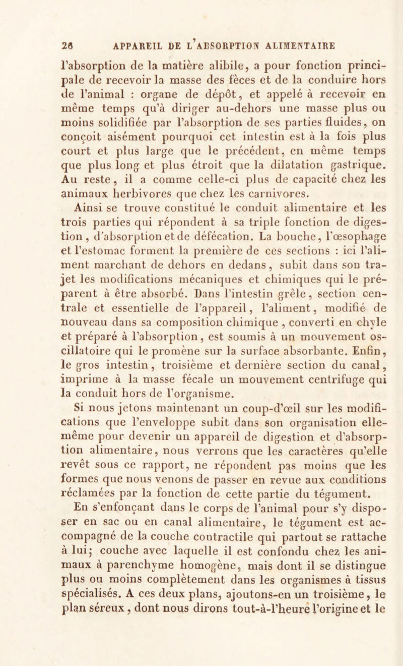 l’absorption de la matière alibile, a pour fonction princi¬ pale de recevoir la masse des fèces et de la conduire hors de l’animal : organe de dépôt, et appelé à recevoir en même temps qu’à diriger au-dehors une masse plus ou moins solidifiée par l’absorption de ses parties fluides, on conçoit aisément pourquoi cet intestin est à la fois plus court et plus large que le précédent, en même temps que plus long et plus étroit que la dilatation gastrique. Au reste, il a comme celle-ci plus de capacité chez les animaux herbivores que chez les carnivores. Ainsi se trouve constitué le conduit alimentaire et les trois parties qui répondent à sa triple fonction de diges¬ tion, d’absorption et de défécation. La bouche, l'oesophage et l’estomac forment la première de ces sections : ici l’ali¬ ment marcliant de dehors en dedans, subit dans son tra¬ jet les modifications mécaniques et chimiques qui le pré¬ parent à être absorbé. Dans l’intestin grêle, section cen¬ trale et essentielle de l’appareil, l’aliment, modifié de nouveau dans sa composition chimique , converti en chyle et préparé à l’absorption, est soumis à un mouvement os¬ cillatoire qui le promène sur la surface absorbante. Enfin, le gros intestin, troisième et dernière section du canal, imprime à la masse fécale un mouvement centrifuge qui la conduit hors de l’organisme. Si nous jetons maintenant un coup-d’œil sur les modifi¬ cations que l’enveloppe subit dans son organisation elle- même pour devenir un appareil de digestion et d’absorp¬ tion alimentaire, nous verrons que les caractères qu’elle revêt sous ce rapport, ne répondent pas moins que les formes que nous venons de passer en revue aux conditions réclamées par la fonction de cette partie du tégument. En s’enfonçant dans le corps de l’animal pour s’y dispo¬ ser en sac ou en canal alimentaire, le tégument est ac¬ compagné de la couche contractile qui partout se rattache à lui5 couche avec laquelle il est confondu chez les ani¬ maux à parenchyme homogène, mais dont il se distingue plus ou moins complètement dans les organismes à tissus spécialisés. A ces deux plans, ajoutons-en un troisième, le plan séreux, dont nous dirons tout-à-l’heurê l’origine et le