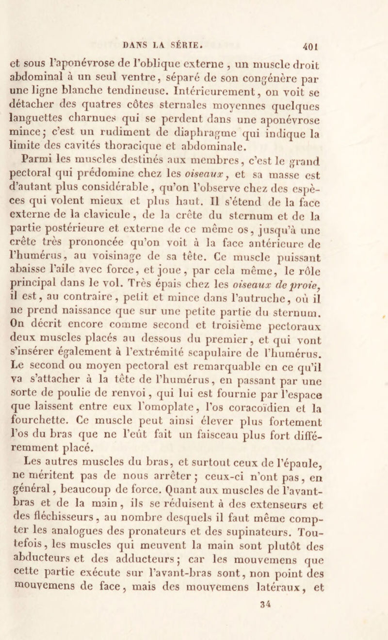 et sous l’aponévrose de l’oblique externe , un muscle droit abdominal à un seul ventre, séparé de son conjjénère par une ligne blanche tendineuse. Intérieurement, on voit se détacher des quatres côtes sternales moyennes quelques languettes charnues qui se perdent dans une aponévrose mince; c’est un rudiment de diaphragme qui indique la limite des cavités thoracique et abdominale. Parmi les muscles destinés aux membres, c’est le grand pectoral qui prédomine chez les oiseaux, et sa masse est d’autant plus considérable , qu’on l’observe chez des espè¬ ces qui volent mieux et plus haut. Il s’étend de la face externe de la clavicule, de la crête du sternum et de la partie postérieure et externe de ce même os, jusqu’à une crête très prononcée qu’on voit à la face antérieure de l’humérus, au voisinage de sa tête. Ce muscle puissant abaisse l’aile avec force, et joue, par cela même, le rôle principal dans le vol. Très épais chez les oiseaux doiiroie^ il est, au contraire, petit et mince dans l’autruche, où il ne prend naissance que sur une petite partie du sternum. On décrit encore comme second et troisième pectoraux deux muscles placés au dessous du premier, et qui vont s’insérer également à l’extrémité scapulaire de l’humérus. Le second ou moyen pectoral est remarquable en ce qu’il va s’attacher à la tête de l’humérus, en passant par une sorte de poulie de renvoi, qui lui est fournie par l’espace que laissent entre eux l’omoplate, l’os coracoïdien et la fourchette. Ce muscle peut ainsi élever plus fortement l’os du bras que ne l’eût fait un faisceau plus fort dilTé- remment placé. Les autres muscles du bras, et surtout ceux de l’épaule, ne méritent pas de nous arrêter; ceux-ci n’ont pas, en général, beaucoup de force. Quant aux muscles de l’avant- bras et de la main, ils se réduisent à des extenseurs et des fléchisseurs, au nombre desquels il faut même comp¬ ter les analogues des pronateurs et des supinateurs. Tou¬ tefois, les muscles qui meuvent la main sont plutôt des abducteurs et des adducteurs; car les raouvemens que cette partie exécute sur l’avant-bras sont, non point des mouyemens de face, mais des mouvemens latéraux, et 34