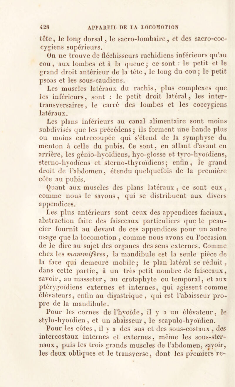tête, le long: dorsal, le sacro-lombaire, et des sacro-coc- cygiens supérieurs. On ne trouve de fléchisseurs rachidiens inférieurs qu’au cou , aux lombes et à la queue 5 ce sont : le petit et le grand droit antérieur de la tête, le long du cou j le petit psoas et les sous-caudiens. Les muscles latéraux du rachis, plus complexes que les inférieurs, sont : le petit droit latéral, les inter- transversaires, le carré des lombes et les coccygiens latéraux. Les plans inférieurs au canal alimentaire sont moins subdivisés que les précédens 5 ils forment une bande plus ou moins entrecoupée qui s’étend de la symphyse du menton à celle du pubis. Ce sont, en allant d’avant en arrière, les génio-hyoïdiens, liyo-glosse et tyro-hyoïdiens, sterno-hyodïens et sterno-thyroïdiens ; enfin, le grand droit de l’abdomen, étendu quelquefois de la première côte au pubis. Quant aux muscles des plans latéraux , ce sont eux, comme nous le savons , qui se distribuent aux divei'S appendices. Les plus antérieurs sont ceux des appendices faciaux, abstraction faite des faisceaux particuliers que le peau- cicr fournit au devant de ces appendices pour un autre usage que la locomotion , comme nous avons eu l’occasion de le dire au sujet des organes des sens externes. Comme chez les mammifères y la mandibule est la seule pièce de la face qui demeure mobile; le plan latéral se réduit, dans cette partie, à un très petit nombre de faisceaux, savoir, au raasseter, au crotaphyte ou temporal, et aux ptérygoïdiens externes et internes, qui agissent comme élévateurs, enfin au digastrique, qui est l’abaisseur pro¬ pre de la mandibule. Pour les cornes de l’hyoïde, il y a un élévateur, le stylo-hyoïdien, et un abaisseur, le scapulo-hyoïdien. Pour les côtes , il y a des sus et des sous-costaux , des intercostaux internes et externes, même les sous-ster¬ naux , puis les trois grands muscles de l’abdomen, sayoir, les deux obliques et le transverse, dont les premiers re-