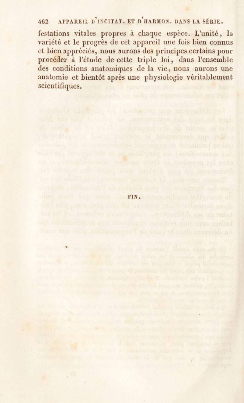 festations vitales propres à chaque espèce. L’unité, la variété et le progrès de cet appareil une fois bien connus et bien appréciés, nous aurons des principes certains pour procéder à l’étude de cette triple loi, dans l’ensemble des conditions anatomiques de la vie, nous aurons une anatomie et bientôt après une physiologie véritablement scientifiques.