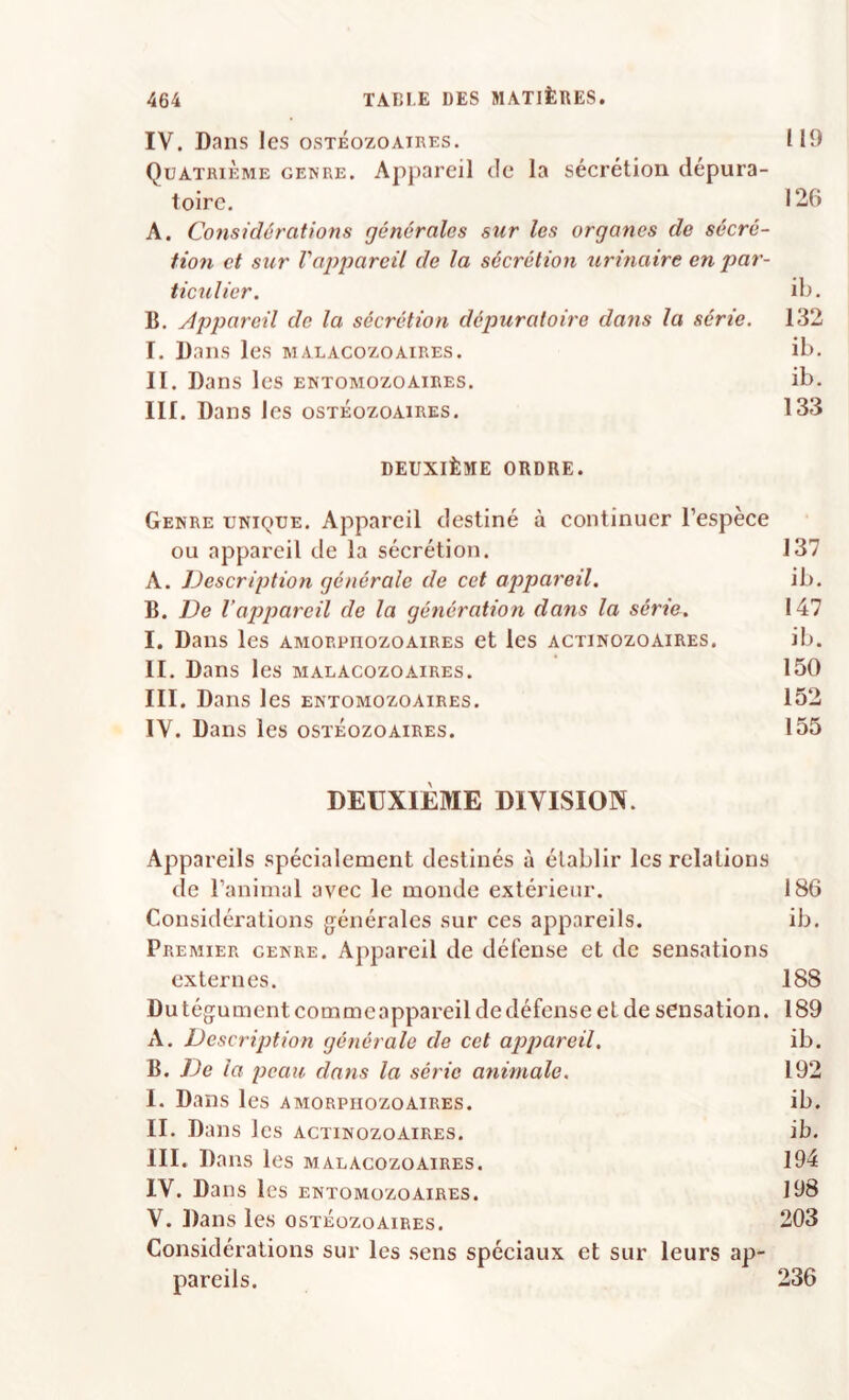 IV. Dans les ostéozoaires. 119 Quatrième genre. Appareil de la sécrétion dépura- toirc. 129 A. Coiisidârations générales sur les organes de sécré- tion et sur Vappareil de la sécrétion urinaire en par¬ ticulier. ib. B. Appareil de la sécrétion dépuratoire da7is la série. 132 I. Dans les malacozoaires. ib- II. Dans les entomozoaires. ib, III. Dans les ostéozoaires. 133 DEUXIÈME ORDRE. Genre unique. Appareil destiné à continuer l’espèce ou appareil de la sécrétion. 137 A. JJescriptio?i générale de cet appareil. ib. B. Ide l’appareil de la génération dans la série. 147 I. Dans les AMORrnozoAiRES et les actinozoaires. ib. II. Dans les malacozo aires. 150 III. Dans les entomozoaires. 152 IV. Dans les ostéozoaires. 155 DEUXIEME DIVISION. Appareils spécialement destinés à établir les relations de ranimai avec le monde extérieur. 186 Considérations générales sur ces appareils. ib. Premier genre. Appareil de défense et de sensations externes. 188 Dutégument commeappareil de défense et de sensation. 189 A. Description générale de cet appareil. ib. B. De la peau dans la série a^iimale. 192 I. Dans les amorphozoaires. ib. II. Dans les actinozoaires. ib. III. Dans les malacozoaires. 194 IV. Dans les entomozoaires. 198 V. Dans les ostéozoaires. 203 Considérations sur les sens spéciaux et sur leurs ap¬ pareils. 236