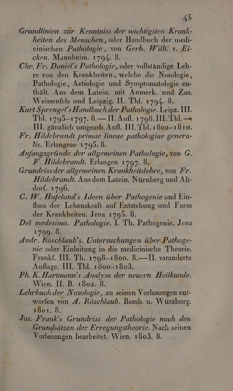 Grundlinien zur Kenntniss der wichtigsten Krank- heiten des Menschen, oder Handbuch der medi- cinischen Puthologie , von Gerh. Wilh: v. Ei- cken. Mannheim. 1794. 8. Chr. Fr. Daniel's Pathologie, oder vollstàndige Leh- re von den Krankheiten, welche die Nosologie, Pathologie, Aetiologie und Symptomatologie en- thalt. Aus dem Latein. mit Anmerk. und Zus. Weissenfels und Leipzig. II. Thl. 1794. 0. Kurt Sprengel’s Handbuch der ‘ Patholog sie. Leipz. III. Thl. 1795-1797. 8.— II. Aulfl. Wii.) NHL Tola III. ganzlich umgearb, Aufl. IT. Thl.1802-1810. Fr. Hildebr andt primae lineae pathologiae genera- lis. Erlangeae 17995. 6. Anfangsgr finito der allgemeinen Pathologie, von G. F. Hildebrandt. Bla 1797. 8. Grundriss der allgemeinen Krankheitslehre, von Fr. Hildebrandt. Aus dem Latein. Niùrnberg und Alt- dorf. 1796. C. W. Hufeland'’s Ideen itber Lic und Ein- fluss der Lebenskraft auf Entstehung und Form der Krankheiten. Jena 1795. 8. Del medesimo. Pathologie. I. Th. Pathogenie. Jena 1799. È. Andr. Roschlaubs. Untersuchungen tiber Pathoge- nie oder Einleitung in die medicinische Theorie. Frankf. III. Th. 1798-1800. 8.—Il. varanderte Auflage. ITT. Thl. 1800-1803. Ph. K.Hartmanns Analyse der neuern Heilkunde. Wien. IT. B. 1802. 8. Lehrbuch der Nosologie, zu seinen Vorlesungen ent- worfen von A. RETTA Bamb. u. Wiùrzburs. 1801. 8. Jos. Frank's Grundriss der Pathologie nach den Grundsdtzen der Erregungstheorie. Nach seinen Vorlesungen bearbeitet. Wien. 1908: 8.