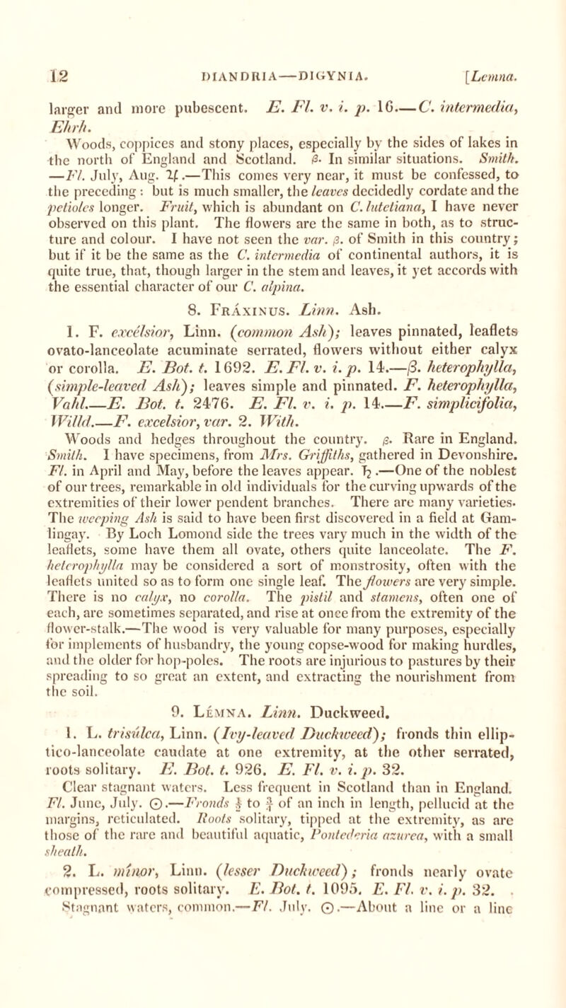 larger and more pubescent. E. FI. v. i. p. 1G—C. intermedia, Ehrfi. Woods, coppices and stony places, especially by the sides of lakes in the north of England and Scotland. A In similar situations. Smith. —FI. July, Aug. If.—This conies very near, it must be confessed, to the preceding: but is much smaller, the leaves decidedly cordate and the petioles longer. Fruit, which is abundant on C. luteliana, I have never observed on this plant. The flowers are the same in both, as to struc- ture and colour. I have not seen the var. p. of Smith in this country; but if it be the same as the C. intermedia of continental authors, it is quite true, that, though larger in the stem and leaves, it yet accords with the essential character of our C. alpina. 8. Fraxinus. Linn. Ash. 1. F. excelsior, Linn. (common Ash); leaves pinnated, leaflets ovato-lanceolate acuminate serrated, flowers without either calyx or corolla. E. Bot. t. 1692. E.Fl.v. i. p. 14.—[3. heterophylla, (simple-leaved Ash); leaves simple and pinnated. F. heterophylla, Vahl.—E. Bot. t. 2476. E. FI. v. i. p. 14—F. simplidfolia, Willd F. excelsior, var. 2. With. Woods and hedges throughout the country, p. Rare in England. Smith. I have specimens, from Mrs. Griffiths, gathered in Devonshire. FI. in April and May, before the leaves appear. T?.—One of the noblest of our trees, remarkable in old individuals for the curving upwards of the extremities of their lower pendent branches. There are many varieties. The weeping Ash is said to have been first discovered in a field at Gam- lingay. By Loch Lomond side the trees vary much in the width of the leaflets, some have them all ovate, others quite lanceolate. The F. heterophylla may be considered a sort of monstrosity, often with the leaflets united so as to form one single leaf. The J/owers are very simple. There is no calyx, no corolla. The pistil and stamens, often one of each, are sometimes separated, and rise at once from the extremity of the flower-stalk.—The wood is very valuable for many purposes, especially for implements of husbandry, the young copse-wood for making hurdles, and the older for hop-poles. The roots are injurious to pastures by their spreading to so great an extent, and extracting the nourishment from the soil. 9. Lemna. Linn. Duckweed. 1. L. trisulca, Linn. (Ivy-leaved Duckweed); fronds thin ellip- tico-lanceolate caudate at one extremity, at the other serrated, roots solitary. E. Bot. t. 926. E. FI. v. i. p. 32. Clear stagnant waters. Less frequent in Scotland than in England. FI. June, July. ©.—Fronds 4 to £ of an inch in length, pellucid at the margins, reticulated. Hoots solitary, tipped at the extremity, as are those of the rare and beautiful aquatic, Pontederia azurea, with a small sheath. 2. L. minor, Linn. (lesser Duckweed); fronds nearly ovate compressed, roots solitary. E. Bot. t. 1095, E. FI. v. i. p. 32. . Stagnant waters, common.—FI. July. ©.—About a line or a line