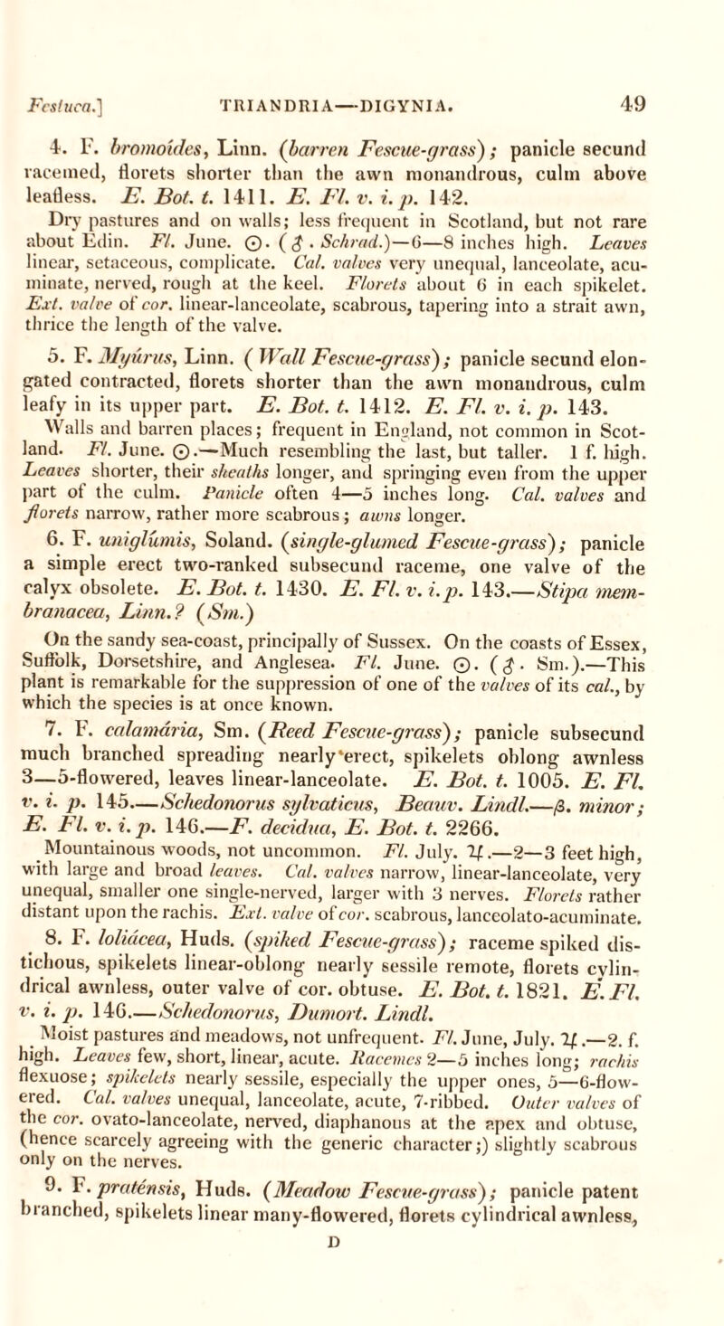 4. F. bromoides, Linn, (barren Fescue-grass); panicle secund racemed, florets shorter than the awn monandrous, culm above leafless. E. Bot. t. 1411. E. FI. v. i. p. 142. Dry pastures and on walls; less frequent in Scotland, but not rare about Edin. FI. June. ©. ($ . Schrad..)—G—8 inches high. Leaves linear, setaceous, complicate. Cal. valves very unequal, lanceolate, acu- minate, nerved, rough at the keel. Florets about 6 in each spikelet. Ext. valve of cor. linear-lanceolate, scabrous, tapering into a strait awn, thrice the length of the valve. 5. F. Myurus, Linn. ( Wall Fescue-grass) ; panicle secund elon- gated contracted, florets shorter than the awn monandrous, culm leafy in its upper part. E. Bot. t. 1412. E. FI. v. i. p. 143. Walls and barren places; frequent in England, not common in Scot- land. FI. June. 0.—Much resembling the last, but taller. 1 f. high. Leaves shorter, their sheaths longer, and springing even from the upper part ot the culm. Panicle often 4—5 inches long. Cal. valves and florets narrow, rather more scabrous; awns longer. 6. F. uniglumis, Soland. (single-glumed Fescue-grass); panicle a simple erect two-ranked subsecund raceme, one valve of the calyx obsolete. E. Bot. t. 1430. E. FI. v. i.p>. 14-3.—Stipa mem- branacea, Linn.? (Sm.) On the sandy sea-coast, principally of Sussex. On the coasts of Essex, Suffolk, Dorsetshire, and Anglesea. FI. June. ©. ($. Sm.).—This plant is remarkable for the suppression of one of the valves of its cal., by which the species is at once known. 7. F. calamaria, Sm. (Reed Fescue-grass); panicle subsecund much branched spreading nearly‘erect, spikelets oblong awnless 3—5-flowered, leaves linear-lanceolate. E. Bot. t. 1005. E. FI. v. i. p. 145—Schedonorus sylvaticus, Beauv. Lindl.—/3. minor; E. FI. v. i.p. 146.—F. decidua, E. Bot. t. 2266. Mountainous woods, not uncommon. FI. July. If.—2—3 feet high, with large and broad leaves. Cal. valves narrow, linear-lanceolate, very unequal, smaller one single-nerved, larger with 3 nerves. Florets rather distant upon the rachis. Ext. valve of cor. scabrous, lanceolato-acuminate. 8. F. lolidcea, Huds. (spiked Fescue-grass); raceme spiked dis- tichous, spikelets linear-oblong nearly sessile remote, florets cylin- drical awnless, outer valve of cor. obtuse. E. Bot. t. 1821. E.Fl. v. i. p. 146—Schedonorus, Dumort. Lindl. _ Moist pastures and meadows, not unfrequent. FI. June, July. If.—2. f. high. Leaves few, short, linear, acute, ltacemcs 2—5 inches long; rachis flexuose; spikelets nearly sessile, especially the upper ones, 5—6-flow- ered. Lai. valves unequal, lanceolate, acute, 7-ribbed. Outer valves of the cor. ovato-lanceolate, nerved, diaphanous at the apex and obtuse, (hence scarcely agreeing with the generic character;) slightly scabrous only on the nerves. 9. F. pratensis, Huds. (Meadow Fescue-grass); panicle patent blanched, spikelets linear many-flowered, florets cylindrical awnless., D