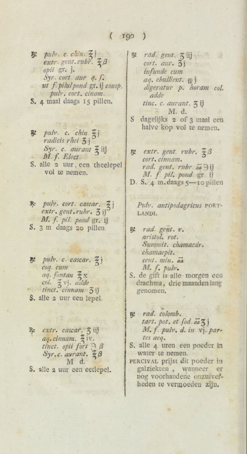 5^ pub. c ckin. ^ j faY/-. gent. rubr. Z (3 opii gr. j. Syr. cort aur q. f. ut f pi lui pond gr. ij consp pub. cort. cinam. S. 4 maal daags 15 pillen. §£ pub. c. chin Zj radicis rhei 3 j Syr. c. aurant ? iij M f. Elect. S. alle 2 uur, een theelepel vol te nemen. % pub. cort. cascar. \ extr. gent.rubr. 3 ij M. f. pil. pond gr. ij S. 3 m daags 20 pillen # pub. c • cascar. Z) coq. cum aq. f on tan ^ x col. Z v j. adde tinct. cinnam 5 ij $. alle 2 uur een lepel. fy: extr. cascar. 3 iij aq. cinnam. Z iv. tinct. opii fort & Syr.c. aurant. Zfl M d. S. alle 2 uur een eetlepel. rad geut 3 iij cort. aur. 3j infunde cum aq. ebullient. fp j digeratur p. horam col. adde tinc. c. aurant. 3 ij M. d. S dagelijks 2 of 3 maal een halve kop vol te nemen. qt extr. gent rubr. Z ,3 cort. cinnam. rad. gent. rubr ba 9 ij M. f. pil. pond gr ij D S. 4 m.daags 5—10pillen 4 Pub. antipodagricus port- LANDI. rad. gent. r. aristol. rot. Summit. chamaedr. chamaepit. cent. min. aa M. f. pub• S. de gift is alle morgen een drachma, drie maanden lang genomen. 9! rad. colomb. tart. pot. et fod aa 3 j M. f pub. d. in vj. par- tes aeq. S. alle 4 uren een poeder in water te nemen. PERCivAL prijst dit poeder in galziekten , wanneer er nog voorhandene onzuiver- heden te vermoeden ziju. ( I9° ) I*