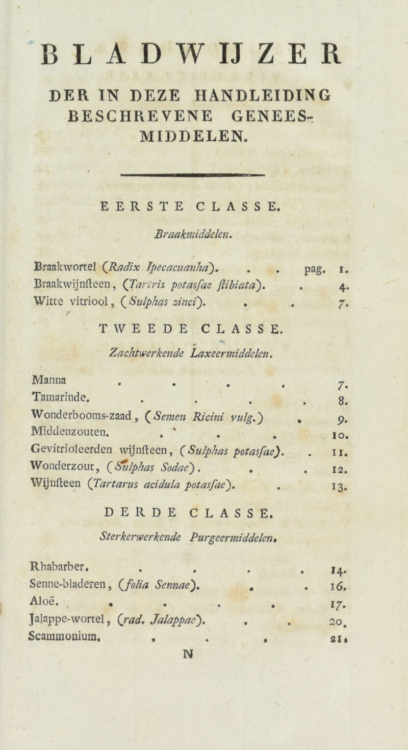 BLADWIJZER DER IN DEZE HANDLEIDING BESCHREVENE GENEES- MIDDELEN. EERSTE CLASSE. Braakmiddelen. Braakwortel ([Radix Ipecacuanha). pag. i. Braak wij nfteen, (Tart ris potasfae ftibiata). 4* Witte vitriool, (*Sulphas zinci). -t 7‘ TWEEDE CLASSE. Zachtwerkende Laxeermiddelen. Manna .... 7• Tamarinde, 8. Wonderbooms-zaad , (Seinen Ricini vuig.') • P. Middenzouten. . * io. Gevitrioleerden wij nfteen, ( Sulphas potasfae). ii. Wonderzout, (Siilphas Sodae) . . 12. Wij nfteen (Tartarus acidula potasfae). 13- DERDE CLASSE. St er herwerkende Purgeermiddelen» Rhabarber. . I4. Senne-bladeren, (Jblia Sennae). . . l6. Aloë. , . 17- jajappe-wortel, (rad. Jalappaé). 20. Scammonium, , . , Slé N