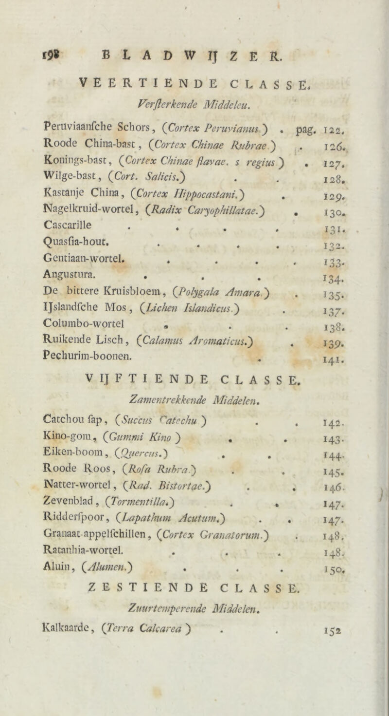 VEERTIENDE C L A S S E. Verfterkende Middelen. Peruviaanfche Schors, ('Cortex Peruvianus ) . P^. 122, Roode China-bast, ('Cortex Chinae Rubrae ) • 12 6. Konings-bast, (Cortex Chinae flavae. s regius ) • I2g. Wilge-bast, (Cort. Salicis.) 128. Kastanje China, (Cortex Hippocastani.) I2p. Nagel kruid-wortel, (Radix Caryophillatae.) • 130* Cascarille .... I3I* Quasfia-hout. .... 132. Gentiaan-wortel. • 133. Angustura. 134. De bittere Kruisbloem, (Polygala Am ara) • 1 35* IJslandfche Mos, (Lichen hlandicus.) 137* Columbo-wortel , 138. Ruikende Lisch, (Calatnus Aromaticus.') • 139. Pechurim-boonen. 141. VIJFTIENDE CLASS E. Zamcntrekkcnde Middelen. Catchoufap, (Succus Catechu ) 4 142. Kino-gom, (Gummi Kino ) . >43- Eiken-boom, (Qpercus.) 144. Roode Roos, (Rofa Ru bral) H5- Natter-wortel, (Rad. Bistortae.) • 146. Zevenblad , (Tor men ti Had) . , 147. Ridderfpoor, (Lapathum Acutum.) • H7. Granaat-appelfchillen, (Cortex Granatorum.) • 148. Ratanhia-wortel. 148. Aluin, (Alumend) 150. ZESTIENDE CLASS E. Zuurtemperende Middelen. Kalkaarde, (Terra Calcarea ) 152