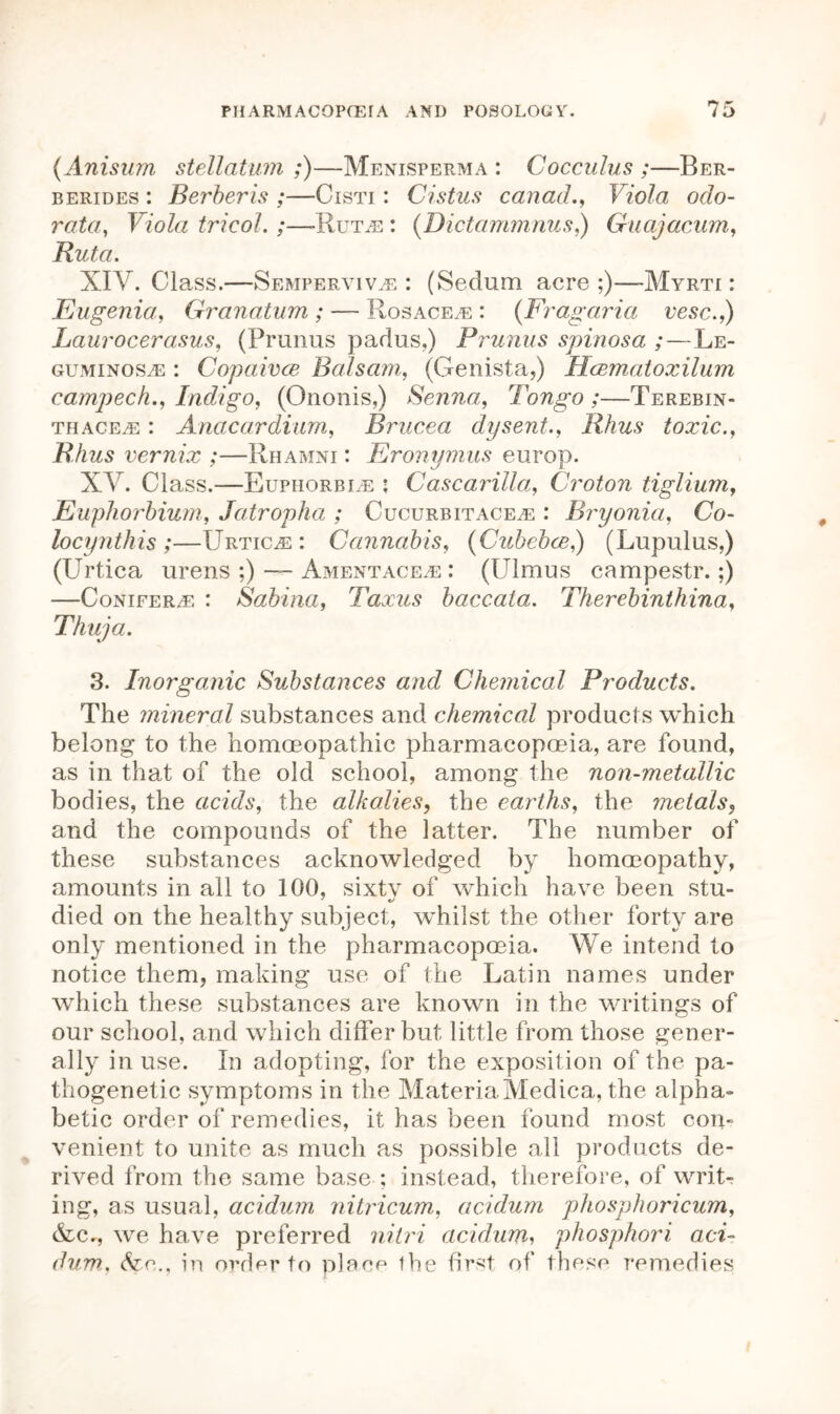 (Anisum stellatum ;)—Menisperma : Cocculus ;—Ber- berides : Berberis ;—Cisti : Cistus canad., Viola odo- rata, Viola tricol.;—Rut.e : (Dictammnus,) Guajacum, Ruta. XIV. Class.—Semperviv.e : (Sedum acre ;)—Myrti : Eugenia., Granatum ; — Rosacea : (Fragaria vesc.,) Laurocerasus, (Prunus padus,) Prunus spinosa ;—Le- guminos^e : Copaivce Balsam, (Genista,) Hcematoxilum campech., Indigo, (Ononis,) Senna, Tonga ;—Terebin- THACE.E: Anacardium, Brucea dysent., Rhus toxic., Rhus vernix ;—Rhamni : Eronymus europ. XV. Class.—Euphorble 5 Cascarilla, Croton tiglium, Euphorbium, Jatropha ; Cucurbitace.<e : Bryonia, Co- locynthis ;—Urtic^e: Cannabis, (Cubcbce,) (Lupulus,) (Urtica urens ;) — Amentacea: : (Ulmus campestr.;) —Conifers : Sabina, Taxus baccata. Therebinthina, Thuja. 3. Inorganic Substances and Chemical Products. The mineral substances and chemical products which belong to the homoeopathic pharmacopoeia, are found, as in that of the old school, among the non-metallic bodies, the acids, the alkalies, the earths, the metals, and the compounds of the latter. The number of these substances acknowledged by homoeopathy, amounts in all to 100, sixty of which have been stu- died on the healthy subject, whilst the other forty are only mentioned in the pharmacopoeia. We intend to notice them, making use of the Latin names under which these substances are known in the writings of our school, and which differ but little from those gener- ally in use. In adopting, for the exposition of the pa- thogenetic symptoms in the MateriaMedica, the alpha- betic order of remedies, it has been found most con- venient to unite as much as possible all products de- rived from the same base ; instead, therefore, of writ- ing, as usual, acidum nitricum, acidum phosphoricum, &lc., we have preferred nitri acidum, phosphori aci- dum. Sec., in order to place ihe first of these remedies