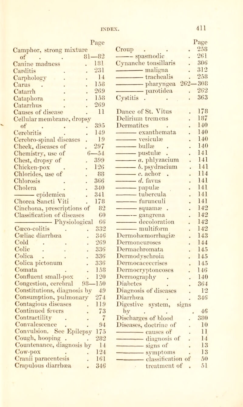 Page Page Caniplior, strong mixture Croup 258 of . . iil- -8-2 spasmodic 2G1 Canine madness 181 Cynanche tonsillaris 30G Carditis 231 maligna 312 Carjthologv U trachealis 258 Cams 158 pharyn^^ea 2()‘2- -308 Catarrh 2fi0 parotidea 2G2 Cataphora 158 Cystitis . 3G3 Catarrhus 2(19 Causes of disease 11 Dance of St. Yitus 178 Cellular membrane, dropsy Delirium tremens 187 of . 395 Dermatites 140 Cerehritis 149 exanthemata 140 Cerehro-spinal diseases . 19 vesiculaj 140 Cheek, diseases of 297 Inillaj 140 Chemistry, use of d- —.54 pustulae . 141 Chest, dropsy of 399 a. phlyzacium 141 Chicken-pox 12(1 h. psydracium 141 Chlorides, use of 88 c. achor . 114 Chlorosis 3(16 (/. favus 141 Cholera 340 papulre 141 epidemica 341 tuhercula 141 Chorea Sancti Viti 178 furunculi 141 Cinchona, prescriptions of 82 squanitT . 142 Classification of diseases GO ganQ:rena 142 GG 142 Cceco-colitis 332 multiform 142 Cocliac diarrhcea 34G 1 lermohacmorrhagia- 143 Cold 2G9 Dermoneuroses 144 Colic 33G Dcrniacliromata 145 Colica 33G Derniod vschroiii 145 Colica pictonum 33(; Dermocaceccrises 145 Comata 158 I lermocryptoncoscs 146 Confluent small-pox 120 Dermography 140 Congestion, cerel)r:il 9!i— -150 Diabetes 3(14 Constitutions, diagnosis hy 49 Diagnosis of diseases 12 Consumption, inilnionary 274 ] tiarrhfca 34G Contagious diseases 119 Digestive system, sig ns Continued feyers 73 1)V . 4G Contractility 7 Discharges of blood 380 Convalescence 94 Diseases, doctrine of 10 Convulsion. Sec Ejiilep.sy 175 causes of 11 Cough, hooping . 282 diagnosis of 14 Countenance, diagnosis l)y 14 signs of 13 Cow-i)ox 124 symptoms 13 Cranii ])aracentesis IGl classification of ,50 Crapulous diarrha-a 34G treatment of • 51