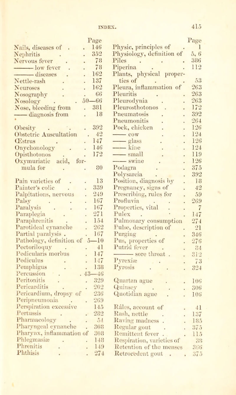 Page Pago Nails, diseases of . . 14(i Physic, principles of 1 Ncpliritis . ;55'2 Physiology, definition of 5, 6 Nervous fever . 7» Piles 3!!6 low fever . 78 I’iperina 112 diseases . 1G2 Phints, ph3'sical proper- Nettle-rash . 137 ties of 53 N euroses . I(i2 Pleura, inflammation of 263 Nosography (16 Pleuritis 263 Nosology 5b—6 b' Pleurod.ynia 263 Nose, bleeding from . 381 Pleurosthotonos . 172 diagnosis from . 18 Pneumatosis 3!)2 • Pneumonitis 264 (Obesity . 3fl'2 Pock, chicken 126 Obstetric Auscultation . 4-2 COW 124 Qvstrus . 147 glass 126 Onychonolog}^ . 146 kiiio . 124 Opisthotonos . 17-2 small 11!) Oxymuriatic acid, foi swine 126 mula for . 80 Podagra 375 Polysarcia 3!)2 Pain varieties of . 13 Position, diagnosis by 18 Painter's colic . 33!) Pregnanc_y, signs of 42 Palpitations, nervous . -24!) Prescribing, rules for 5!) Palsy . 167 Proflu via 26!) Paralysis . 167 Properties, vital 7 Parajilegia . -271 Pulex . 147 Paraphrenitis . 154 Pulmonaiy consumiition 274 Parotideal cynanche . •26'2 Pulse, description of 21 Partial paralysis . . 167 Purging 346 Pathology, definition ot 5—10 Pus, properties of 276 Pectoriloquy Pedicularis morbus . 41 Putrid fever 84 . 147 sore throat . 312 I’ediculus . 1-17 Pyrexiie 73 Pem])higus . 138 Pyrosis 324 Percussion 43—46 Peritonitis . 3-2!) Quartan ague 106 Pericarditis . -202 (■iuinsey 3b(i J’cricardium, dropsy of 236 Quotidian ague 106 Peri])neunionia . 26!) Perspiration excessive 145 Hides, account of 41 Pertussis . 282 Rash, nettle 137 Pharmacology .)4 Raving madness . 1 Ji5 I'haryngeal cynanche . 3b8 Regular gout y/i.) I’harynx, inflammation of obi! Remittent fever . 115 I’hlegmasite . 148 Respiration, varieties of 3!! Phrenitis . 14!) Retention of tlie menses 866 Phthisis . 274 Retrocedent gout . 0 4