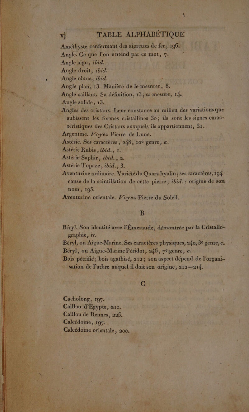 # 5 ? grd mme roi deg vj TABLE ALPHABÉTIQUE Améthyste renfermant des aigrettes de fer, 196. Angle. Ce que l’on entend par ce mot, 7: Angle aigu, ibid. Angle droit, ibid. Angle obtus, ibid, 4 : Angle plan, 13. Manière de le mesurer, 8. D Vs Angle saillant. Sa définition, 13; sa mesure, 1{e. Angle solide, 13. subissent les formes cristallines 30; ils sont les signes carac- . téristiques des Cristaux auxquels ils appartiennent, 31. Argentine. J’oyez Pierre de Lune. Astérie Rubis, ibid., 1. Astérie Saphir, ibid. , 2. Astérie T'opaze, ibid, 3. Aventurine ordinaire. Variété du Quarz Hyatt ses caractères, 194 cause de la scintillation de cette pierre, ibid. ; origine de son _ nom, 195. Aventurine orientale. J’oyez Pierre du Soleil. B Béryl. Son identité avec P'Émeraude, dém ontrée par la Cristallo- graphie, iv. Béryl, ou Aigue-Marine. Ses caractères physiques, 240, 3e genre, c. Béryl, ou Aïgue-Marine Péridot, 246, 7e genre, ce. Bois pétrifié; bois agathisé, 212; son aspect dépend de l’organi- + sation de l’arbre auquel il doit son origine, 212—214. C. Cacholong, 197. . Calcédoine, 197. Fu Fi