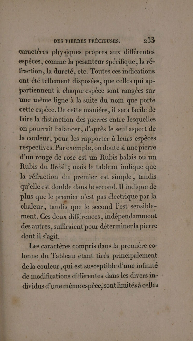 - DES PIERRES PRÉCIEUSES. 233 caractères physiques propres aux différentes espèces, comme la pesanteur spécifique, la ré- fraction, la dureté, etc. Toutes ces indications ont été tellement disposées, que celles qui ap- partiennent à chaque espèce sont rangées sur une même ligne à la suite du nom que porte cette espèce. De cette manière, il sera facile de faire la distinction des pierres entre lesquelles on pourrait balancer, d’après le seul aspect de la couleur, pour les rapporter à leurs espèces respectives. Parexemple, on doute si une pierre d’un rouge de rose est un Rubis balais ou un Rubis du Brésil; mais le tableau indique que da réfraction du premier est simple, tandis qu'elle est double dans le second. Il indique de plus que le premier n’est pas électrique par la chaleur, tandis que le second lest sensible- ment. Ces deux différences , indépendamment des autres, suffiraient pour déterminer la pierre dont il s’agit. ga Les caractères compris dans la première co- lonne du Tableau étant tirés principalement de la couleur, qui est susceptible d’une infinité de modifications différentes dans les divers in- dividus d’une même espèce, sont limités à celles