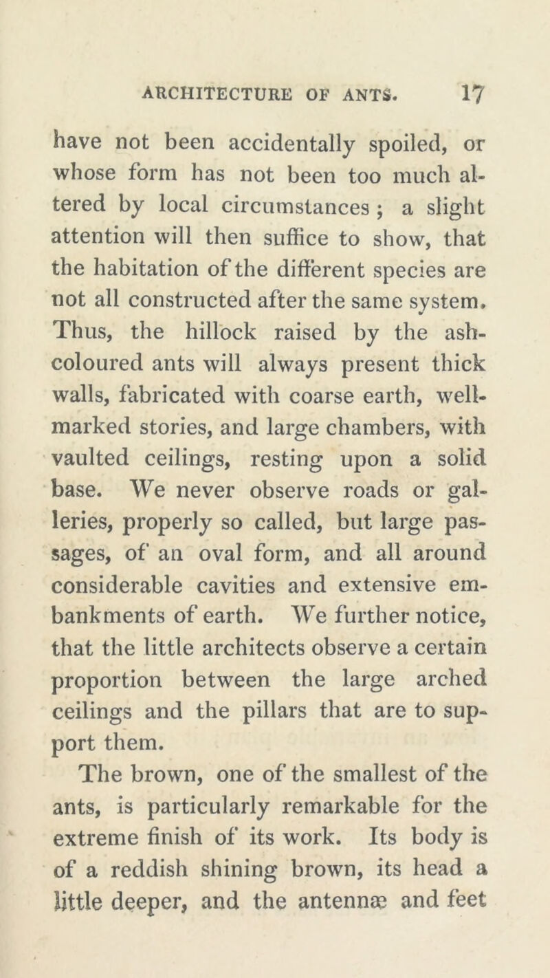 have not been accidentally spoiled, or whose form has not been too much al- tered by local circumstances ; a slight attention will then suffice to show, that the habitation of the different species are not all constructed after the same system. Thus, the hillock raised by the ash- coloured ants will always present thick walls, fabricated with coarse earth, well- marked stories, and large chambers, with vaulted ceilings, resting upon a solid base. We never observe roads or gal- leries, properly so called, but large pas- sages, of an oval form, and all around considerable cavities and extensive em- bankments of earth. We further notice, that the little architects observe a certain proportion between the large arched ceilings and the pillars that are to sup- port them. The brown, one of the smallest of the ants, is particularly remarkable for the extreme finish of its work. Its body is of a reddish shining brown, its head a little deeper, and the antennæ and feet