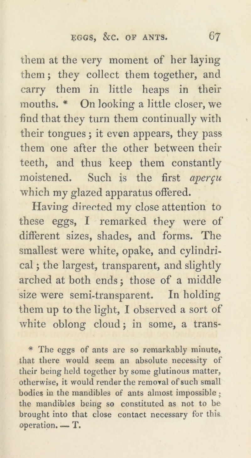 them at the very moment of her laying them ; they collect them together, and carry them in little heaps in their mouths. * On looking a little closer, we find that they turn them continually with their tongues ; it even appears, they pass them one after the other between their \ teeth, and thus keep them constantly moistened. Such is the first aperçu which my glazed apparatus offered. Having directed my close attention to these eggs, I remarked they were of different sizes, shades, and forms. The smallest were white, opake, and cylindri- cal ; the largest, transparent, and slightly arched at both ends ; those of a middle size were semi-transparent. In holding them up to the light, I observed a sort of white oblong cloud ; in some, a trans- * The eggs of ants are so remarkably minute, that there would seem an absolute necessity of their being held together by some glutinous matter, otherwise, it would render the removal of such small bodies in the mandibles of ants almost impossible ; the mandibles being so constituted as not to be brought into that close contact necessary for this operation. — T.