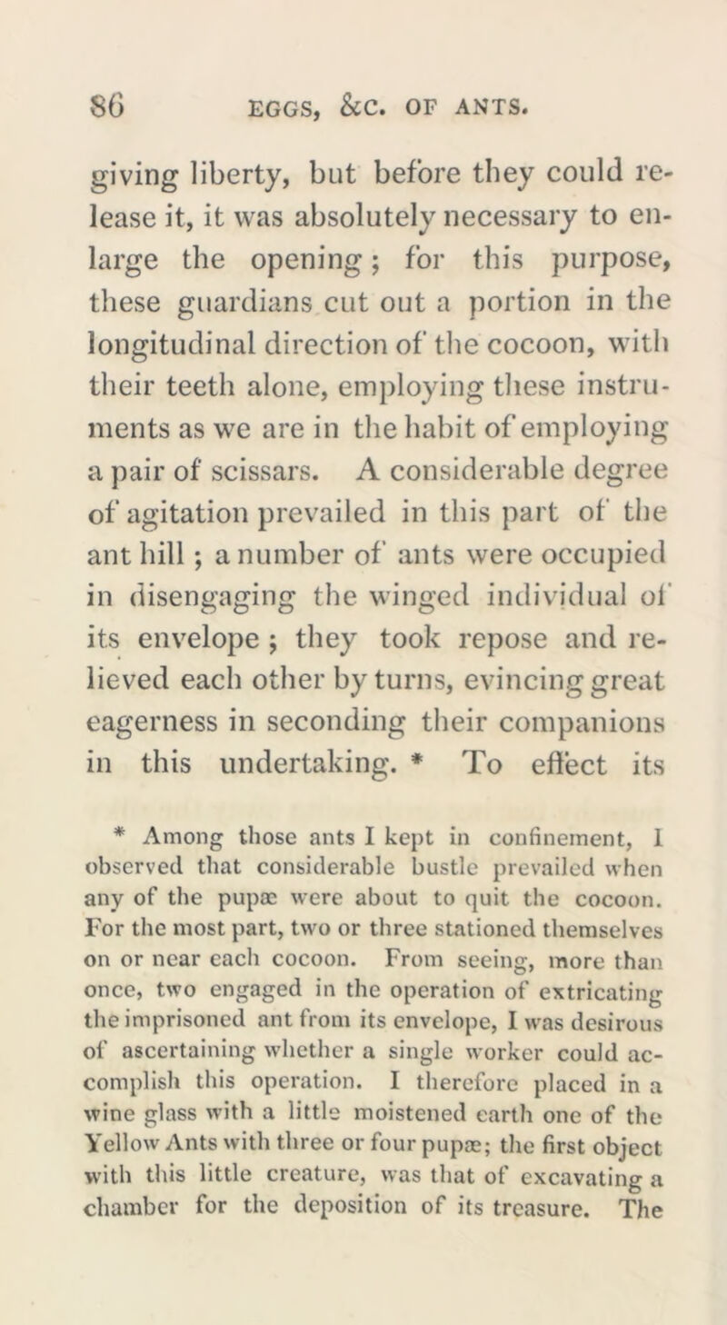 giving liberty, but before they could re- lease it, it was absolutely necessary to en- large the opening ; for this purpose, these guardians cut out a portion in the longitudinal direction of the cocoon, with their teeth alone, employing these instru- ments as we are in the habit of employing a pair of scissars. A considerable degree of agitation prevailed in this part of the ant hill ; a number of ants were occupied in disengaging the winged individual of its envelope ; they took repose and re- lieved each other by turns, evincing great eagerness in seconding their companions in this undertaking. * To effect its * Among those ants I kept in confinement, 1 observed that considerable bustle prevailed when any of the pupae were about to quit the cocoon. For the most part, two or three stationed themselves on or near each cocoon. From seeing, more than once, two engaged in the operation of extricating the imprisoned ant from its envelope, I was desirous of ascertaining whether a single worker could ac- complish this operation. I therefore placed in a wine glass with a little moistened earth one of the Yellow Ants with three or four pupæ; the first object with this little creature, was that of excavating a chamber for the deposition of its treasure. The