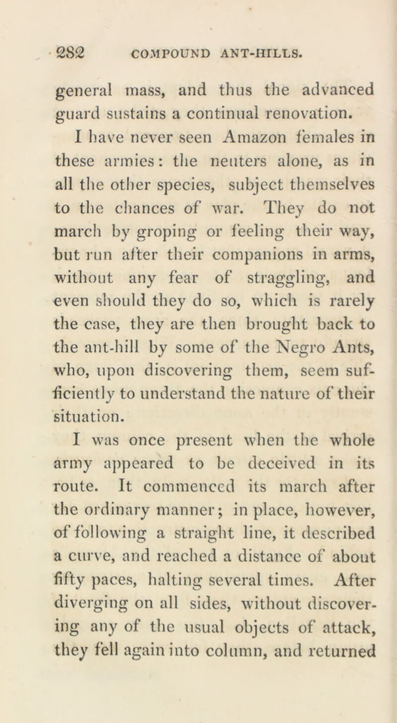 general mass, and thus the advanced guard sustains a continual renovation. I have never seen Amazon females in these armies: the neuters alone, as in all the other species, subject themselves to the chances of war. They do not march by groping or feeling their way, but run after their companions in arms, without any fear of straggling, and even should they do so, which is rarely the case, they are then brought back to the ant-hill by some of the Negro Ants, who, upon discovering them, seem suf- ficiently to understand the nature of their situation. I was once present when the whole army appeared to be deceived in its route. It commenced its march after the ordinary manner; in place, however, of following a straight line, it described a curve, and reached a distance of about fifty paces, halting several times. After diverging on all sides, without discover- ing any of the usual objects of attack, they fell again into column, and returned