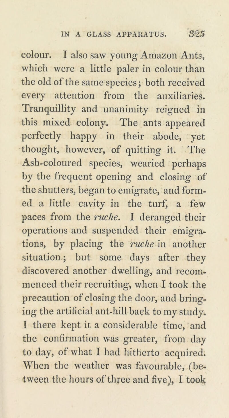 colour. I also saw young Amazon Ants, which were a little paler in colour than the old of the same species; both received every attention from the auxiliaries. Tranquillity and unanimity reigned in this mixed colony. The ants appeared perfectly happy in their abode, yet thought, however, of quitting it. The Ash-coloured species, wearied perhaps by the frequent opening and closing of the shutters, began to emigrate, and form- ed a little cavity in the turfi a few paces from the ruche. I deranged their operations and suspended their emigra- tions, by placing the ruche in another situation ; but some days after they discovered another dwelling, and recom- menced their recruiting, when I took the precaution of closing the door, and bring- ing the artificial ant-hill back to my study. I there kept it a considerable time, and the confirmation was greater, from day to day, of what I had hitherto acquired. When the weather was favourable, (be- tween the hours of three and five), I took