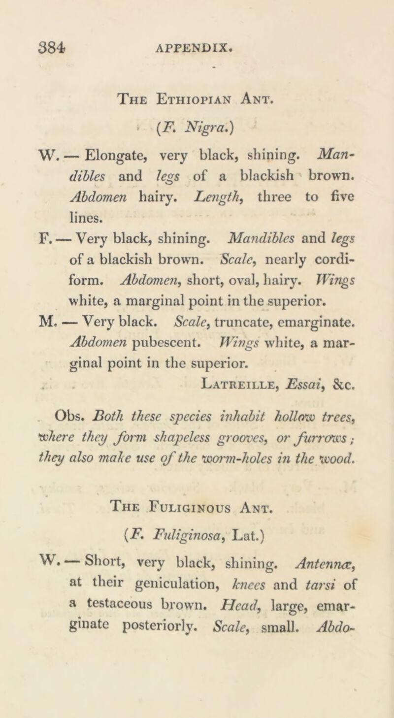 The Ethiopian Ant. • (F. Nigra.) W. — Elongate, very black, shining. Man- dibles and legs of a blackish brown. Abdomen hairy. Length, three to five lines. F. — Very black, shining. Mandibles and legs of a blackish brown. Scale, nearly cordi- form. Abdomen, short, oval, hairy. Wings white, a marginal point in the superior. M. — Very black. Scale, truncate, emarginate. Abdomen pubescent. Wings white, a mar- ginal point in the superior. Latreille, Essai, &c. Obs. Both these species inhabit hollow trees, where they form shapeless grooves, or furrows ; they also mal e use of the worm-holes in the wood. The Fuliginous Ant. (F. Ftiliginosa, Lat.) W. — Short, very black, shining. Antenncc, at their gcniculation, knees and tarsi of a testaceous brown. Head, large, emar- ginate posteriorly. Scale, small. Abdo-