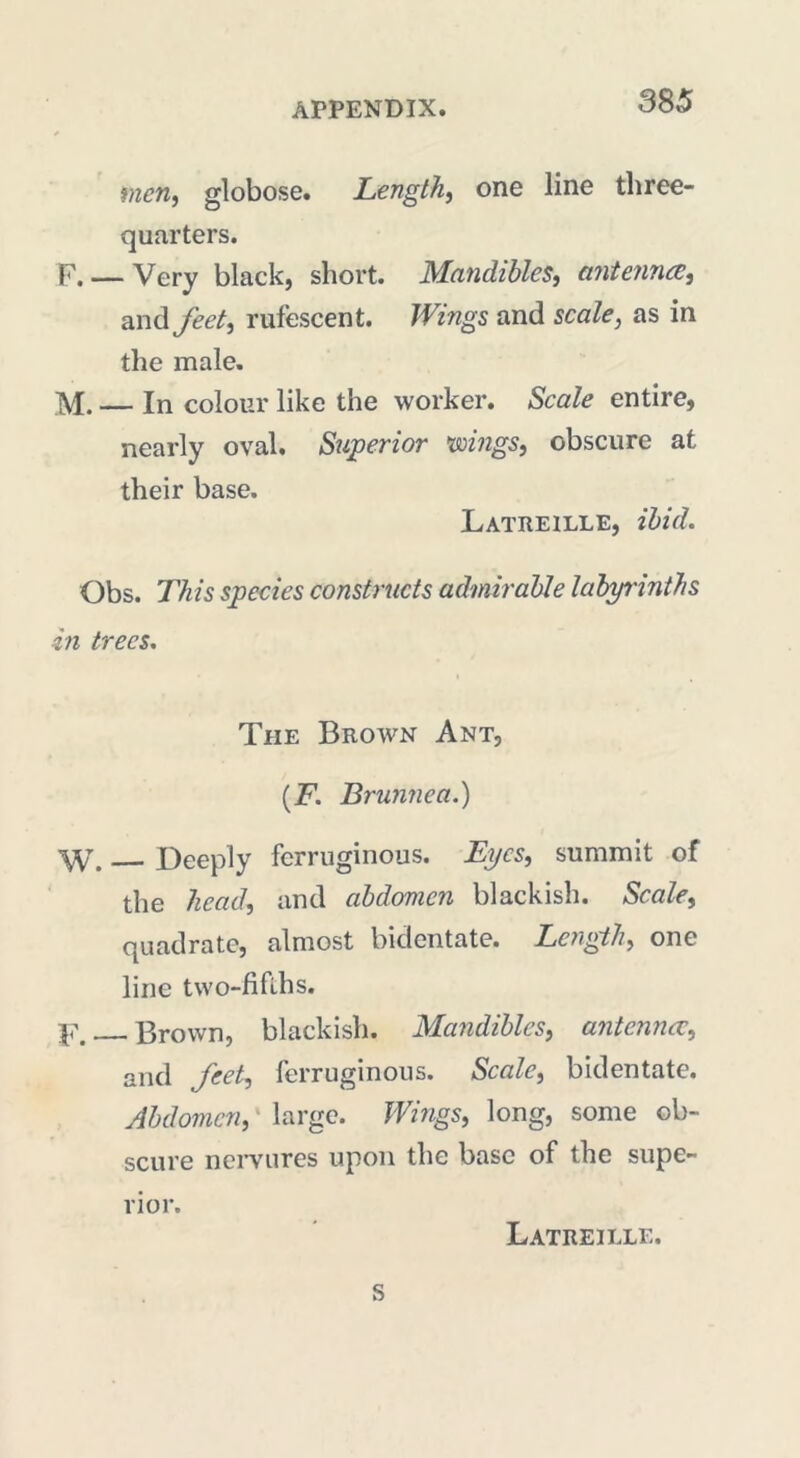 men, globose. Length, one line three- quarters. F. — Very black, short. Mandibles, antenna, and feet, rufescent. Wings and scale, as in the male. M. — In colour like the worker. Scale entire, nearly oval. Superior wings, obscure at their base. Latreille, ibid. Obs. This species constructs admirable labyrinths in trees. The Brown Ant, (F. Brunnea.) W. Deeply ferruginous. Eyes, summit of the head, and abdomen blackish. Scale, quadrate, almost bidentate. Length, one line two-fifths. Brown, blackish. Mandibles, antenna, and feet, ferruginous. Scale, bidentate. Abdomen, large. Wings, long, some ob- scure nervures upon the base of the supe- rior. Latreille. s