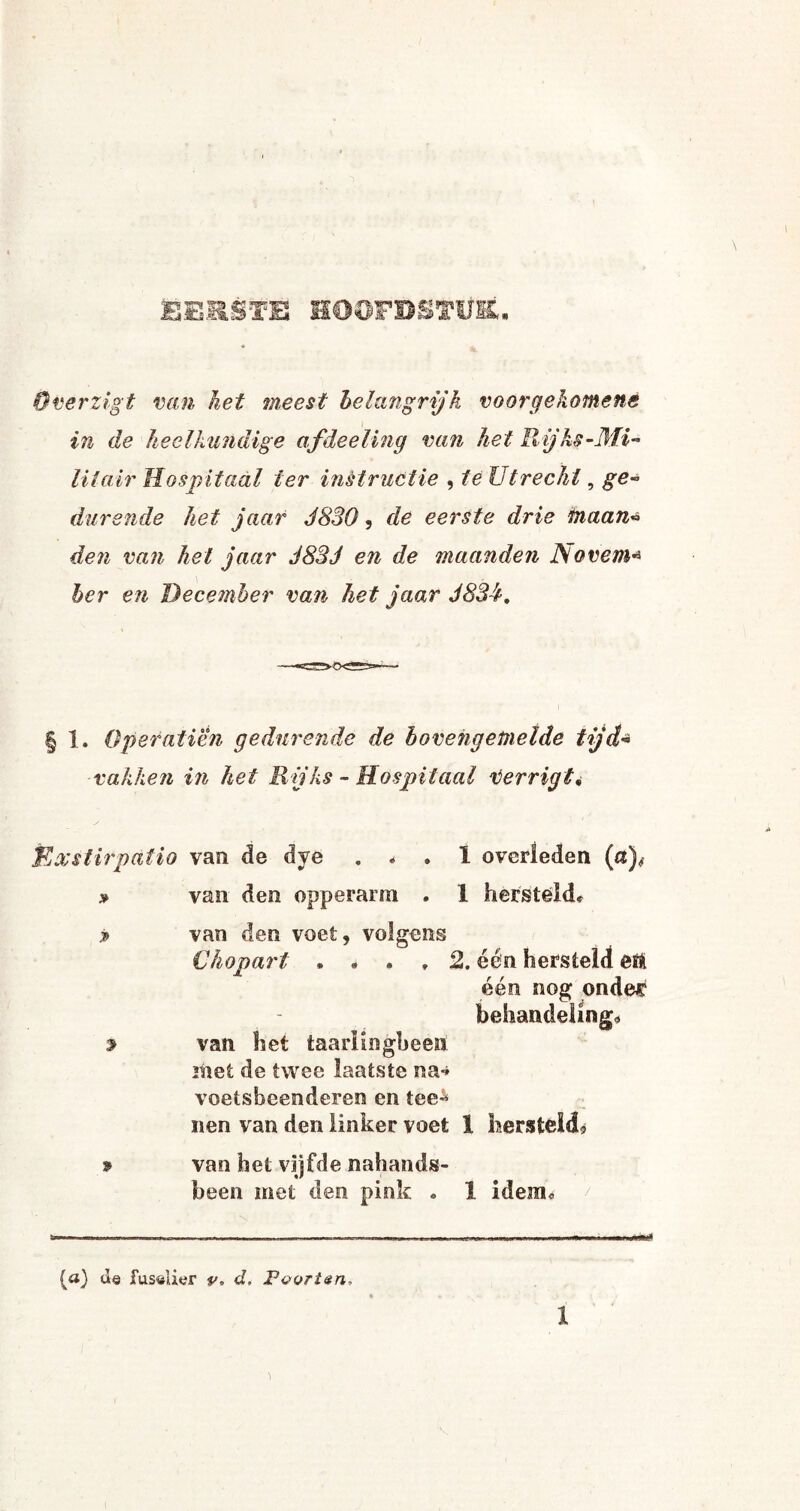 sekste mmwmwK' Overzigt van het meest belangrijk voorgekomene in de heelkundige afdeeling van het Jij ks •'Mi¬ litair Hospitaal ter instructie , te Utrecht, ge¬ durende het jaar J830, de eerste drie maan« den van hel jaar J83J en de maanden Novem* her en December van het jaar 3834. § 1. Opefatien gedurende de bovengemelde tijd* vakken in het Rijks - Hospitaal verrigt* Exstirpatio van de dye . • . I overleden (a), » van den opperarm . 1 hersteld* * van den voet, volgens Chopart , « • * 2. één hersteld ett één nog onder1 behandeling* » van liet taarlingbeen! met de twee laatste na-» voetsbeenderen en tee^ nen van den linker voet 1 hersteld, * van het vijfde nahands- been met den pink . 1 idem* (a) ue fuselier y, d. Poorten, l