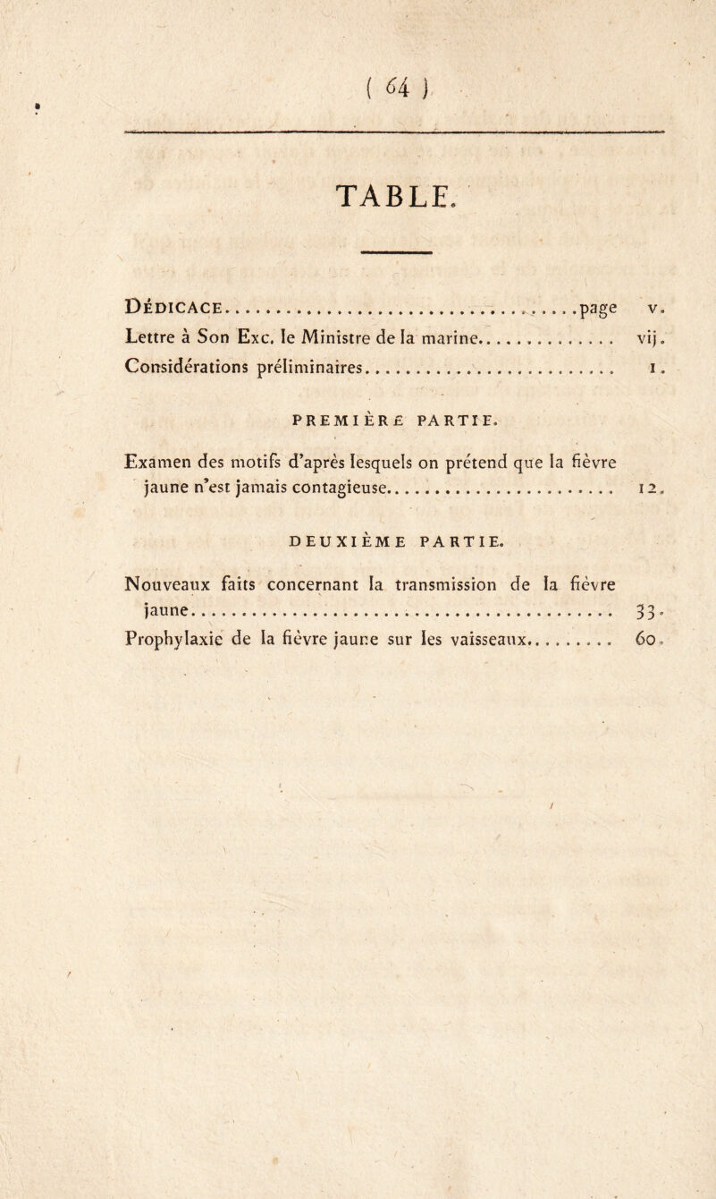 / TABLE. \ Dédicace ......page v. Lettre à Son Exc. le Ministre de la marine vij. Considérations préliminaires. i. PREMIÈRE PARTIE. Examen des motifs d’après lesquels on prétend que la fièvre jaune n’est jamais contagieuse. 12» DEUXIÈME PARTIE. Nouveaux faits concernant la transmission de la fièvre jaune 33 . Prophylaxie de la fièvre jaune sur les vaisseaux.. ....... 60.