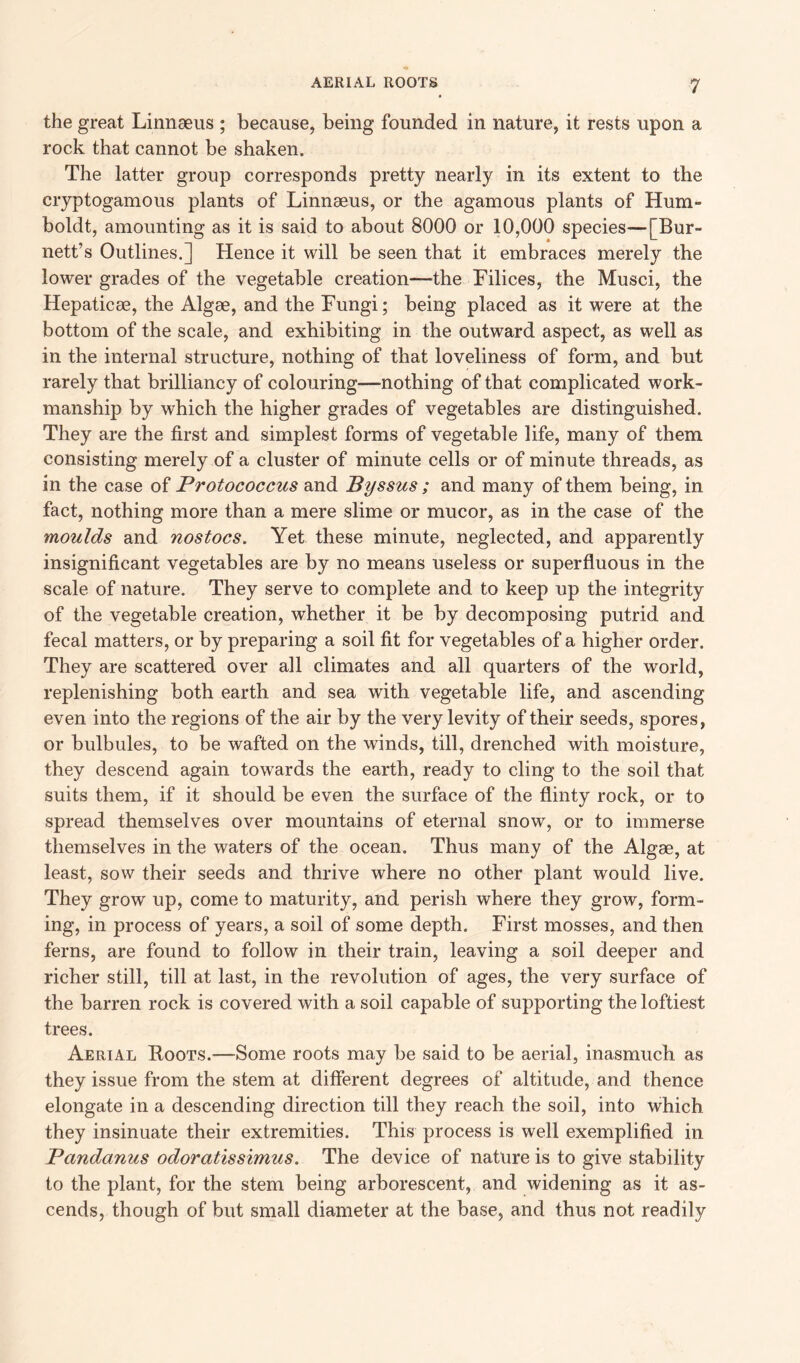 the great Linnaeus ; because, being founded in nature, it rests upon a rock that cannot be shaken. The latter group corresponds pretty nearly in its extent to the cryptogamous plants of Linnaeus, or the agamous plants of Hum- boldt, amounting as it is said to about 8000 or 10,000 species—[Bur- nett’s Outlines.] Hence it will be seen that it embraces merely the lower grades of the vegetable creation—-the Filices, the Musci, the Hepaticae, the Algae, and the Fungi; being placed as it were at the bottom of the scale, and exhibiting in the outward aspect, as well as in the internal structure, nothing of that loveliness of form, and but rarely that brilliancy of colouring—nothing of that complicated work- manship by which the higher grades of vegetables are distinguished. They are the first and simplest forms of vegetable life, many of them consisting merely of a cluster of minute cells or of minute threads, as in the case of Protococcus and Byssus ; and many of them being, in fact, nothing more than a mere slime or mucor, as in the case of the moulds and nostocs. Yet these minute, neglected, and apparently insignificant vegetables are by no means useless or superfluous in the scale of nature. They serve to complete and to keep up the integrity of the vegetable creation, whether it be by decomposing putrid and fecal matters, or by preparing a soil fit for vegetables of a higher order. They are scattered over all climates and all quarters of the world, replenishing both earth and sea with vegetable life, and ascending even into the regions of the air by the very levity of their seeds, spores, or bulbules, to be wafted on the winds, till, drenched with moisture, they descend again towards the earth, ready to cling to the soil that suits them, if it should be even the surface of the flinty rock, or to spread themselves over mountains of eternal snow, or to immerse themselves in the waters of the ocean. Thus many of the Algae, at least, sow their seeds and thrive where no other plant would live. They grow up, come to maturity, and perish where they grow, form- ing, in process of years, a soil of some depth. First mosses, and then ferns, are found to follow in their train, leaving a soil deeper and richer still, till at last, in the revolution of ages, the very surface of the barren rock is covered with a soil capable of supporting the loftiest trees. Aerial Boots.—-Some roots may be said to be aerial, inasmuch as they issue from the stem at different degrees of altitude, and thence elongate in a descending direction till they reach the soil, into which they insinuate their extremities. This process is well exemplified in Pandanus odoratissimus. The device of nature is to give stability to the plant, for the stem being arborescent, and widening as it as- cends, though of but small diameter at the base, and thus not readily