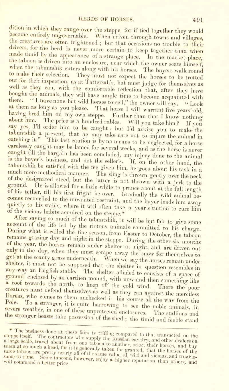 clition m which they range over the steppe, for if tied together they would ccome entirely ungovernable. \Y hen driven through towns and villages, u creatures are often frightened ; but that occasions no trouble to their drivers, tor the herd is never more certain to keep together than when made tirnid by the appearance of a strange place. In the market-place, k a >0011 n driven into an enclosure, near which the owner seats himself, w ten the tabuntshik enters along with his horses. The buyers walk round to make t leir selection. They must not expect the horses to be trotted out for their inspection as at Tattersall’s, but must judge for themselves as veil as they can, with the comfortable reflection that, after they have bought the animals, they will have ample time to become acquainted with them. • • I have none but wild horses to sell,” the owner v ill say. “ Look at them as long as you please. That horse I will warrant five years’ old having bred lmn on my own steppe. Further than that I know nothing about lnm I he price is a hundred rubles. Will you take him ? If you say yes 111 order him to be caught; but Id advise you to make the tabuntshik a present, that he may take care not to injure the animal in catc nng it. 1 his last caution is by no means to be neglected, for a horse carelessly caught may be lamed for several weeks, and as the horse is never cau lit till the bargain has been concluded, any injury done to the animal £3” a,;d not the seller’s. If, on the other hand, the tabuntshik be satisfied with the fee given him, he goes about his task in a uc 1 more methodical manner. The sling is thrown gently over the neck of the designated steed, but the latter is not thrown with a jerk to the ground He is a lowed for a little while to prance about at the full length of his tether t, 1 his first fright be over. Gradually the wild animal be- SVtTr' CI H the uinvonted restraint, and the buyer leads him away of iJvli if Where ? WI“often take a year's tuition to cure him ot tne \lcious habits acquired on the steppe.* Sffng r°f Tff fe tabuntshik’ ifc wi)1 be but fair to give some account of the life led by the riotous animals committed to his charge. . unng v hat is called the fine season, from Easter to October, the tab.mn fXXXftfaiKl night in fe fr • Duii^ tb* otb- six6 months onlvinthe f 1 T**1* sbelter at niSht> aild are driven out gefat the sctntvW len 7 must, ““P! ^ the 3now for themselves to ?helt r if 7 g!'T UIlderneath;  ben we say the horses remain under .heiter, it mast not be supposed that the shelter in question resembles in any way an English stable. The shelter alluded to consists of a space of af oof enclosed by an earthen mound, with now and then something like a roof towards the north, to keep off the cold wind. There the poor creatures must defend themselves as well as they can against the merciless Boreas, who comes to them unchecked i his course all the wav from the severe weather To61’ fH 9 harrowinS to see the noble animals, in sciere leather, m one of these unprotected enclosures. The stallions and stronger beasts take possession of the shed ; the timid and feeble stand steppe itself. The^ntmitora ^whosupply^Rn8™Pare<1that *ransacted 0,1 the a large scale travel qhrmt f*. * ' * k -Russian cavalry, and other dealers on T ‘!r '’»**. tabonn nre |>n'itv nearly all uf thesti.h. v* 1  irscs it tile some to tame. Some taboons, however cniov llf’ i’1  and. vlcl°us’iintl trouhic- will command a better price ’ J ^ ,l b'ghei reputation than others, and