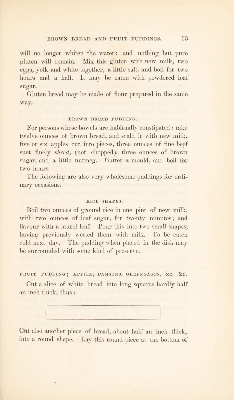 will no longer whiten the water; and nothing but pure gluten will remain. Mix this gluten with new milk, two eggs, yolk and white together, a little salt, and boil for two hours and a half. It may be eaten with powdered loaf sugar. Gluten bread may be made of Hour prepared in the same way. BROWN BREAD PUDDING. For persons whose bowels are habitually constipated : take twelve ounces of brown bread, and scald it with new milk, five or six apples cut into pieces, three ounces of fine beef suet finely shred, (not chopped), three ounces of brown sugar, and a little nutmeg. Butter a mould, and boil for two hours. The following are also very wholesome puddings for ordi- nary occasions. RICE SHAPES. Boil two ounces of ground rice in one pint of new milk, with two ounces of loaf sugar, for twenty minutes; and flavour with a laurel leaf. Pour this into two small shapes, having previously wetted them with milk. To be eaten cold next day. The pudding when placed in the dish may be surrounded with some kind of preserve. FRUIT PTJDDING ; APPLES, DAMSONS, GREENGAGES, &C. &C. Cut a slice of white bread into long squares hardly half an inch thick, thus : Cut also another piece of bread, about half an inch thick, into a round shape. Lay this round piece at the bottom of