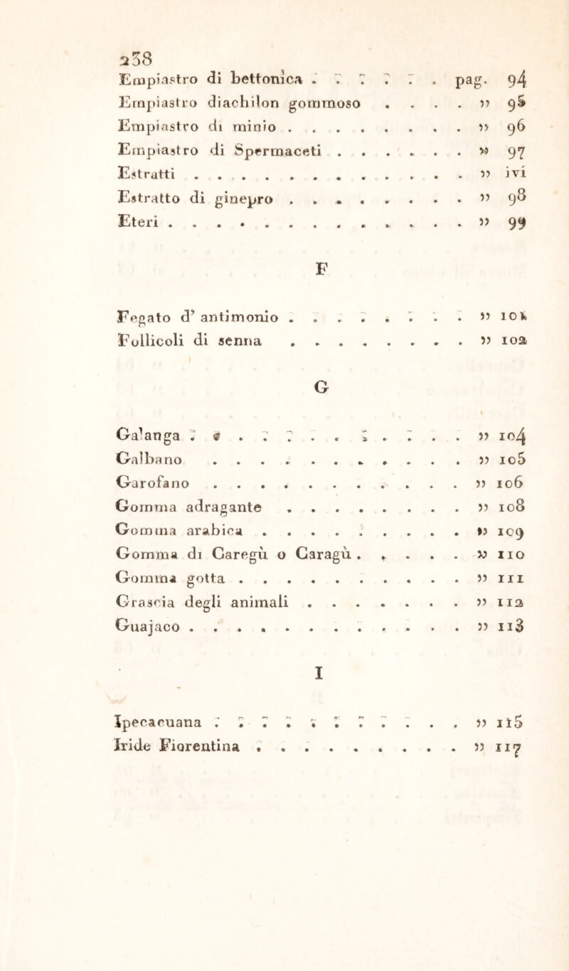 Empiastro di bettonìca . . T . 7 . pag. 94 Empiastro diachìlon gommoso . . . . 9S Empiastro di minio >>96 Empiastro di Spermaceti w 97 Estratti . .... n ivi Estratto di ginepro 9^ Eteri .. * . . 99 F Fegato d’antimonio ........ » io*. Follicoli di senna ioa G Ga'anga . « . . 7 . . ; . : . . » 104 Galba no . . 3? io5 Garofano 3) 106 Gomma adragante >3 108 Gomma arabica 13 109 Gomma di Garegù o Garagù . t . . . w no Gomma gotta 33 in Grascia degli animali » uà Guajaco . . . . 33 ii3 I Ipecacuana 7 7 7 7*77. . . . 33 iì5 Iride Fiorentina » ny