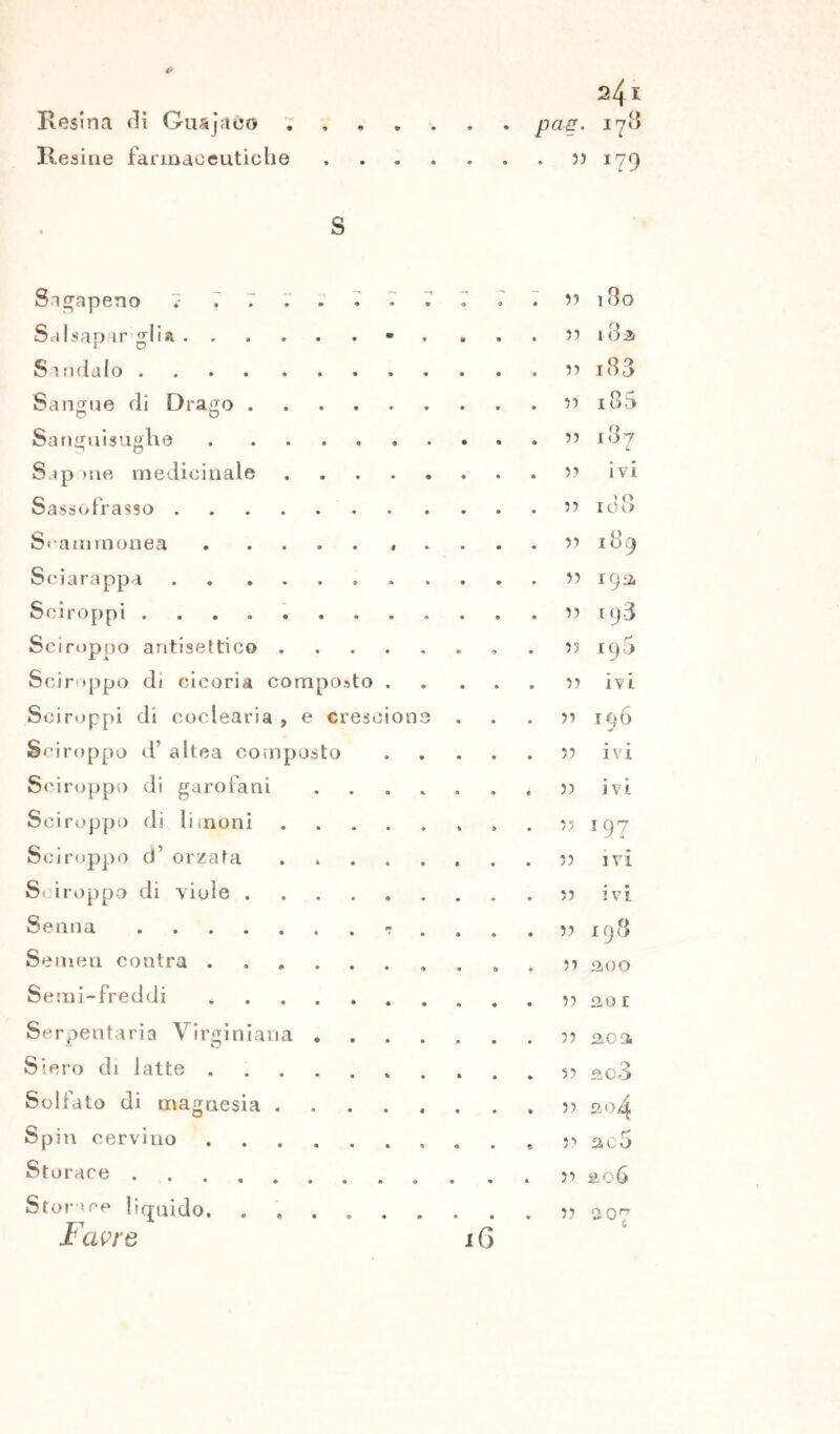 Resina di Guajaóo Resine farmaceutiche 24i pag. 178 . 5) 179 s Sigapeno 7 . Salsapar'glift • » Sandalo Sangue di Drago Sanguisughe Sap me medicinale Sassofrasso Scammonea Sciarappa Sciroppi Sciroppo antisettico Sciroppo di cicoria composto ... Sciroppi di coclearia , e crescione Sciroppo d’ altea composto . Sciroppo di garofani ...... Sciroppo di limoni Sciroppo d’ orzata Sciroppo di viole Senna Semen contra Se mi- freddi Serpentari Virginiana ...... Siero di latte Solfato di magnesia Spiti cervino Storace . Storace liquido. . Favre iG 55 CO O 55 I 031 55 i83 55 i35 55 00 55 ivi 55 i d 8 55 189 55 1912, 55 193 55 198 55 ivi. 55 C-Ï 55 ivi 55 • • IVI 55 197 55 ivi 55 • » IVI 55 198 55 £00 55 2,0 r 55 £oa 55 ao3 55 So4 55 £c5 55 il 06 55 £07 &