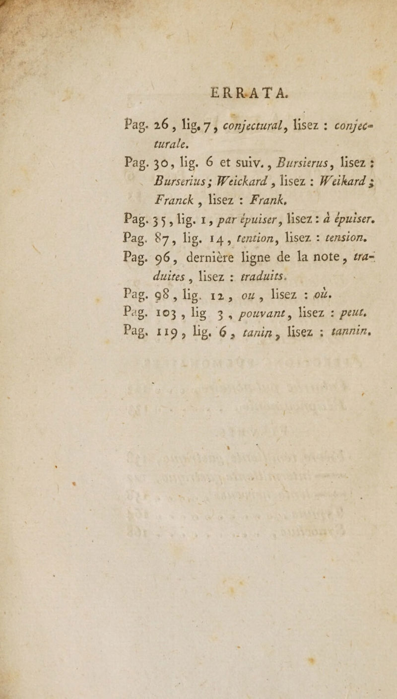 Pag. 26, lig,7, conjectural, lisez : conjec= turale. Pag. 30, lig. 6 et suiv., Bursierus, lisez : Burserius ; Weickard , lisez : Weikard ; Franck , lisez : Frank, Pag. 35, lig. 1, par épuiser, lisez : à épuiser. Pag. 87, lig. 14, rention, lisez : tension. Pag. 06, dernière ligne de la note, sra= duites | lisez : traduits. Pag. 98, lig. 12, ox, lisez : 04. Pag. 103, lig 3, pouvant, lisez : peur, Pag, 119, lig. 6, canin, lisez : tannin,