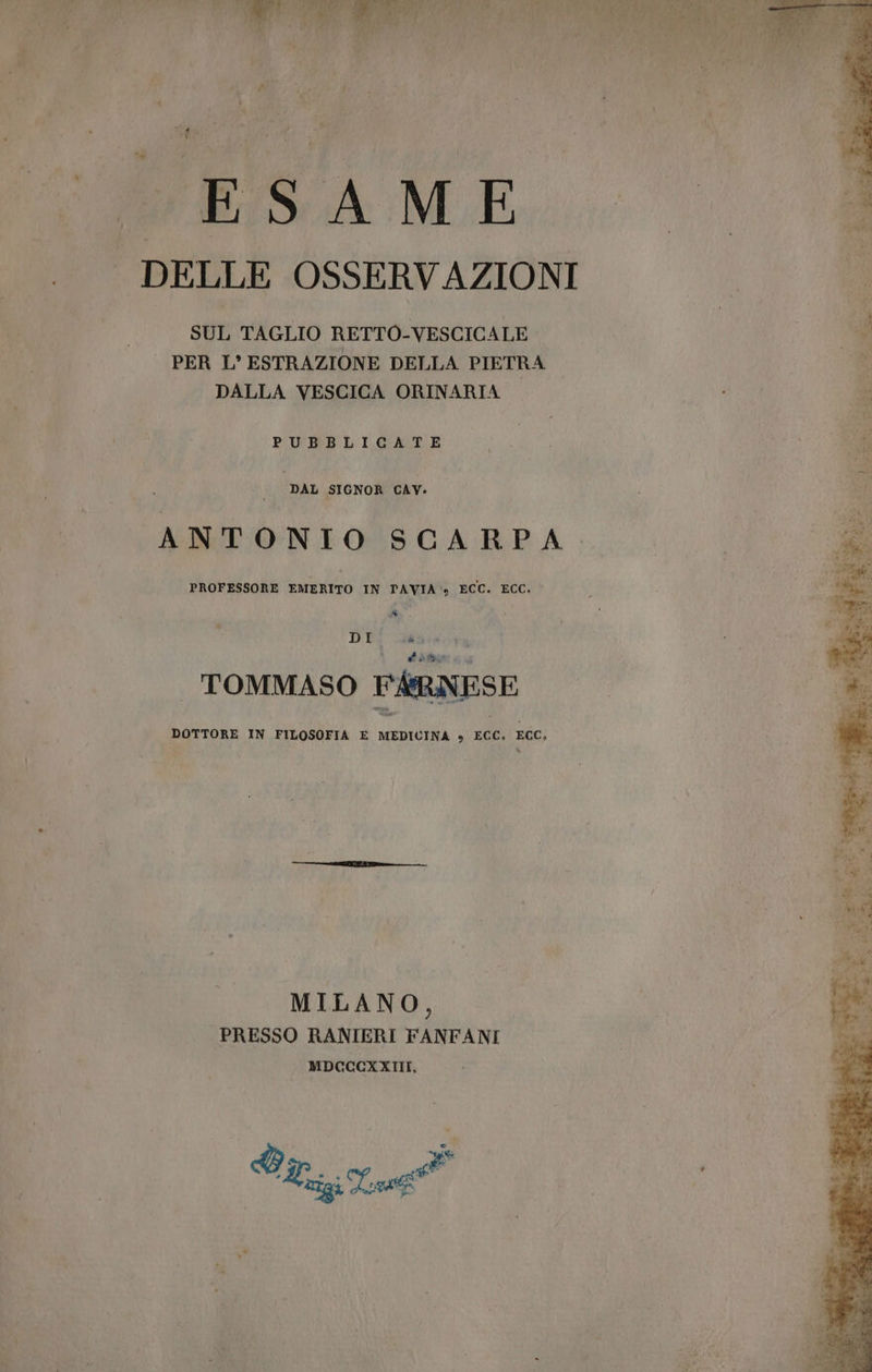 : Si fue ESAME DELLE OSSERVAZIONI SUL TAGLIO RETTO-VESCICALE | bi | PER L'ESTRAZIONE DELLA PIETRA ii DALLA VESCICA ORINARIA PUBBLICATE dr DAL SIGNOR CAV. ANTONIO SCARPA PROFESSORE EMERITO IN PAVIA, ECC. ECC. PI DI è NI, di TOMMASO FARNESE DOTTORE IN FILOSOFIA E MEDICINA » ECC. ECC. MILANO, PRESSO RANIERI FANFANI MDCCCXXIII, d #