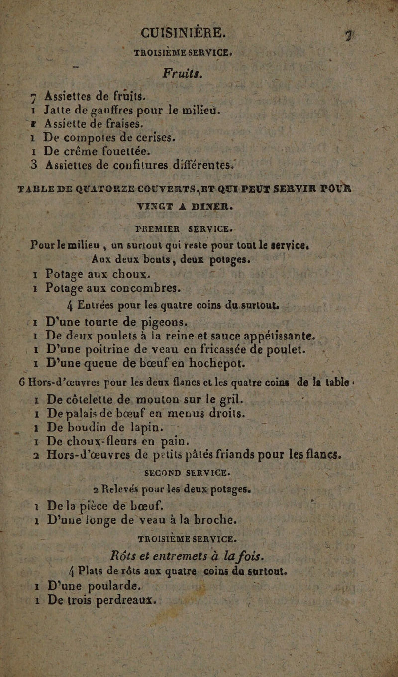 CUISINIÈRE. © TROISIEMESERVICE: à ME ruils. Assiettes de fruits. Jatte de gauffres pour le mile. Assiette d fraises. De compotes de cerises. 1 De crème fouettée. 3 Assiettes de confitures différentes. OO ei ST FABLE DE QUATORZE COUVERTS,ET QUI PEUT SERVIR POUR he VINGT À DINER. | PREMIER. SERVICE. Pour le milieu , un suriout qui reste pour tout le service. Aux deux bouts, deux ER 1 Potage aux choux. 1 Potage aux concombres. | 4 Entrées pour les quatre coins du.surtout, . -1 D'une tourte de pigeous. 1 De deux poulets à la reine et sauce appétissante. 1 D'une poitrine de veau en fricassée de poulet. 1 D'une queue de bœuf en hochepot. 6 Hors-d’œuvres pour les deux flancs et les quatre coins de la table: 1 De côtelette de. mouton sur le gril. 1 De palais de bœuf en menus droits. 1 De boudin de lapin. 1 De choux-fleurs en pain. _2 Hors-d’œuvres de petits pâtés friands pour les flancs. SECOND SERVICE. Ÿ 2 Relevés pour les deux potages. 1 Dela pièce de bœuf. | 1 D'uue longe de veau à la broche. - | TROISIÈME SERVICE. Rôts et entremets à la fois. 4 Plats de rôts aux quatre coins du sariont. x D'une poularde. ” | 1 Detrois perdreaux. ae e*