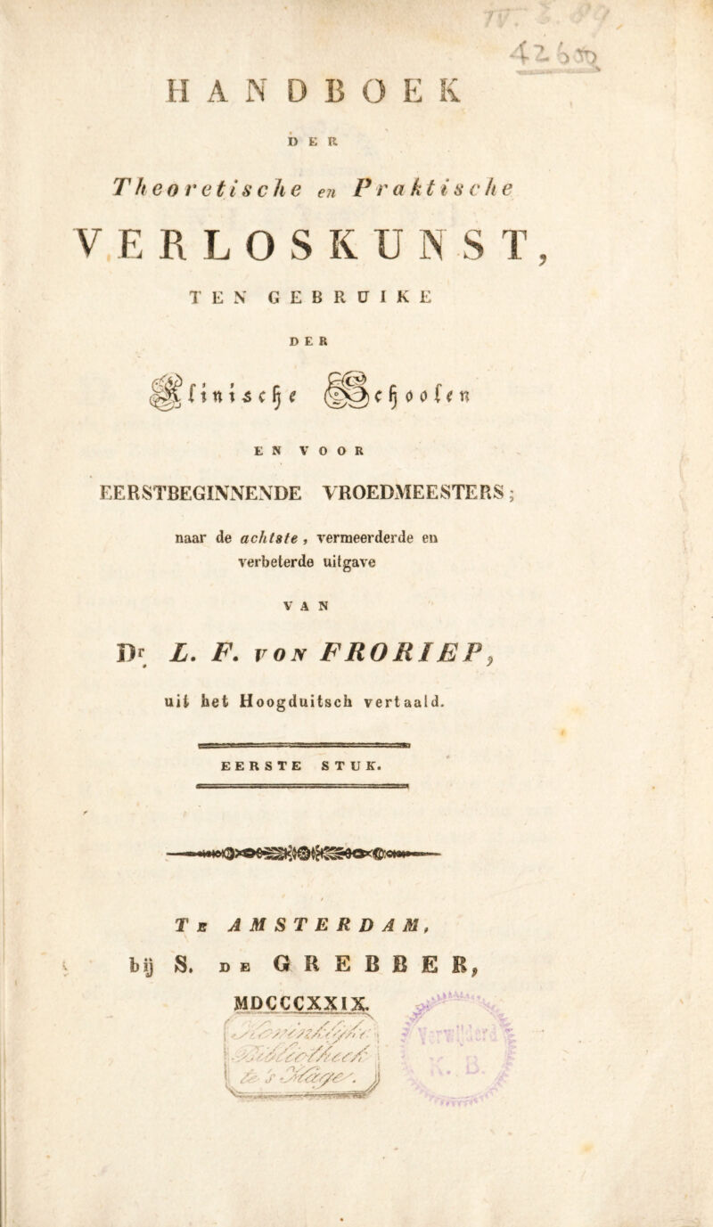 HANDBOEK DER Theo vet i sehe en P r a k t i s c h e VERLOS Kü N S I1, TEN GEBRüIKE DER t (t n \ s c f) e c fj o o {e n EN VOOR EERSTBEGINNENDE VROEDMEESTERS; naar de achtste , vermeerderde en verbeterde uitgave VAN D* L. F. VON FRORIEF, uit het Hoogduitsch vertaald. xsssszscssr1 ■■■ ffsg,-ss',.^ ■■ ■ au EERSTE STUK# Tb AMSTERDAM, bij S» de GREBBER; MDCCCXXIX. r 'SI & ( •' -/ < iY/ZY./-?A < ' Y/> f ■ * - / ALO