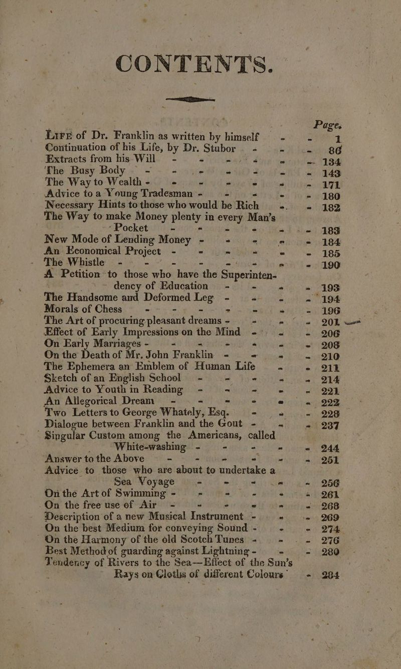CONTENTS Lire of Dr. Franklin as written ig himself Continuation of his Life, by Dr. Stubor - Extracts from his Will - “ halt 4 ‘The Busy Body = - eee * The Wayto Wealth- - - - Advice toa Young Tradesman - Fs Necessary Hints to those who would be Rich The Way to make Money hen ff in ora mae 8 ‘Pocket = N ew Mode of Lending Money - += - An Economical Project - - - The Whistle - - i A Petition to those elie have ithe Superintan: » ~ dency of Education - * The Handsome and Deformed ae Sag a Morals of Chess - see She The Art of procuring Sheaves dreanis - «= Effect of Early Impressions on the Mind - On Early Marriages- = - - « On the Death of Mr. John Brauklin ~ The Ephemera an Emblem of Human Life Sketch of an English School - - - Advice to Youth in Readmg - ~~ = An Allegorical Dream - - Two Letters to George Whately, Rag. = Dialogue between Franklin and the Gout . Singular Custom among the Americans, called White-washing - - - Answer tothe Above —- : Advice to those who are abmnit to cindertake a Sea Voyage EMT wilh iss On the Art of Swimming - - = On the free use of Air - = Description of a new Musical Instracint On the best Medium for conveying Sound On the Harmony of the old Scotch Tunes - Best Method of guarding against Lightning- - canta of Rivers to the Sea—Efiect of the Sun’s Rays on Cloths of didferent Colours ae ee ae pees oad Mae cae ee Wil oe ee a: